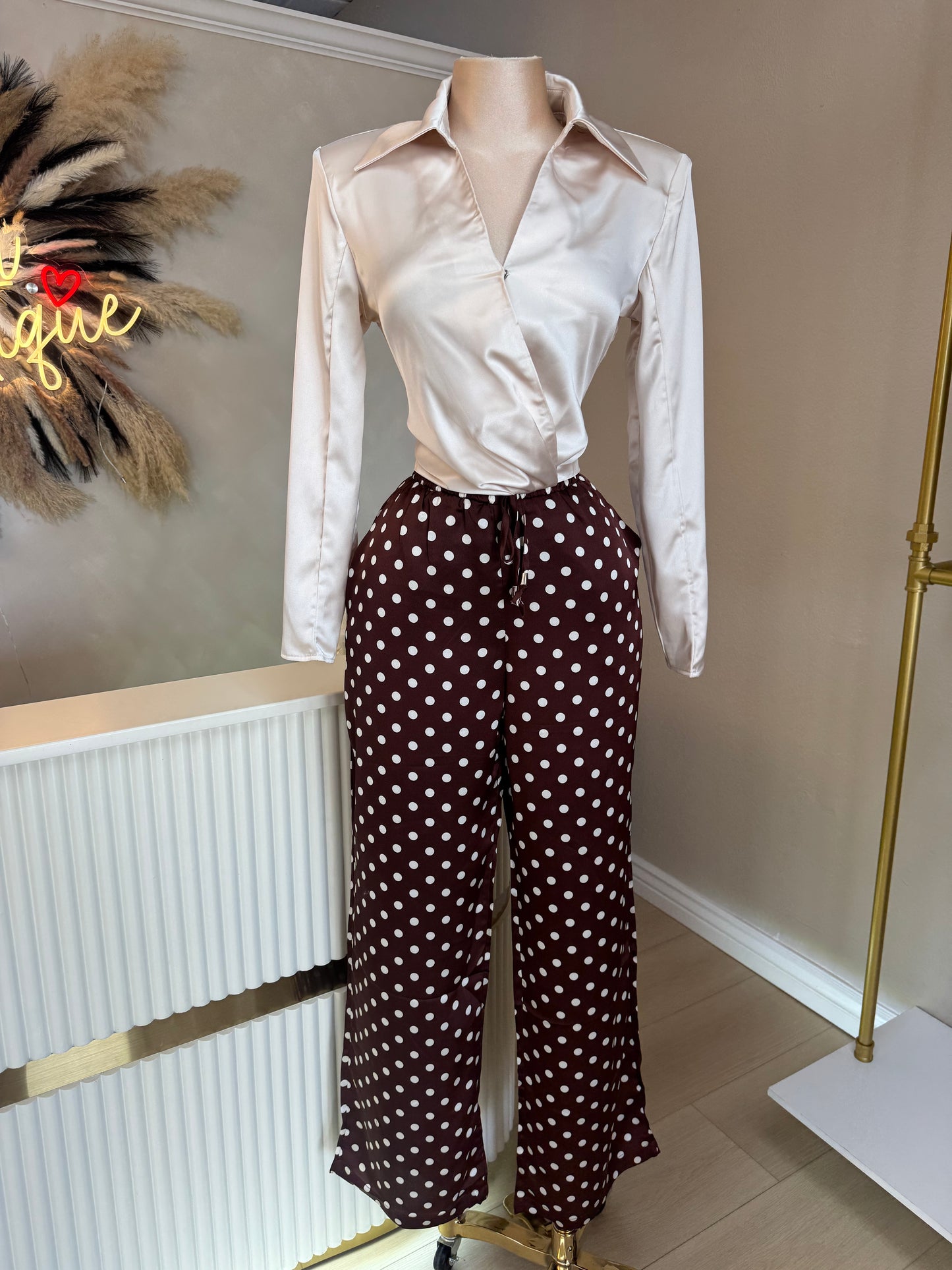 Polka dot satin pants (brown)