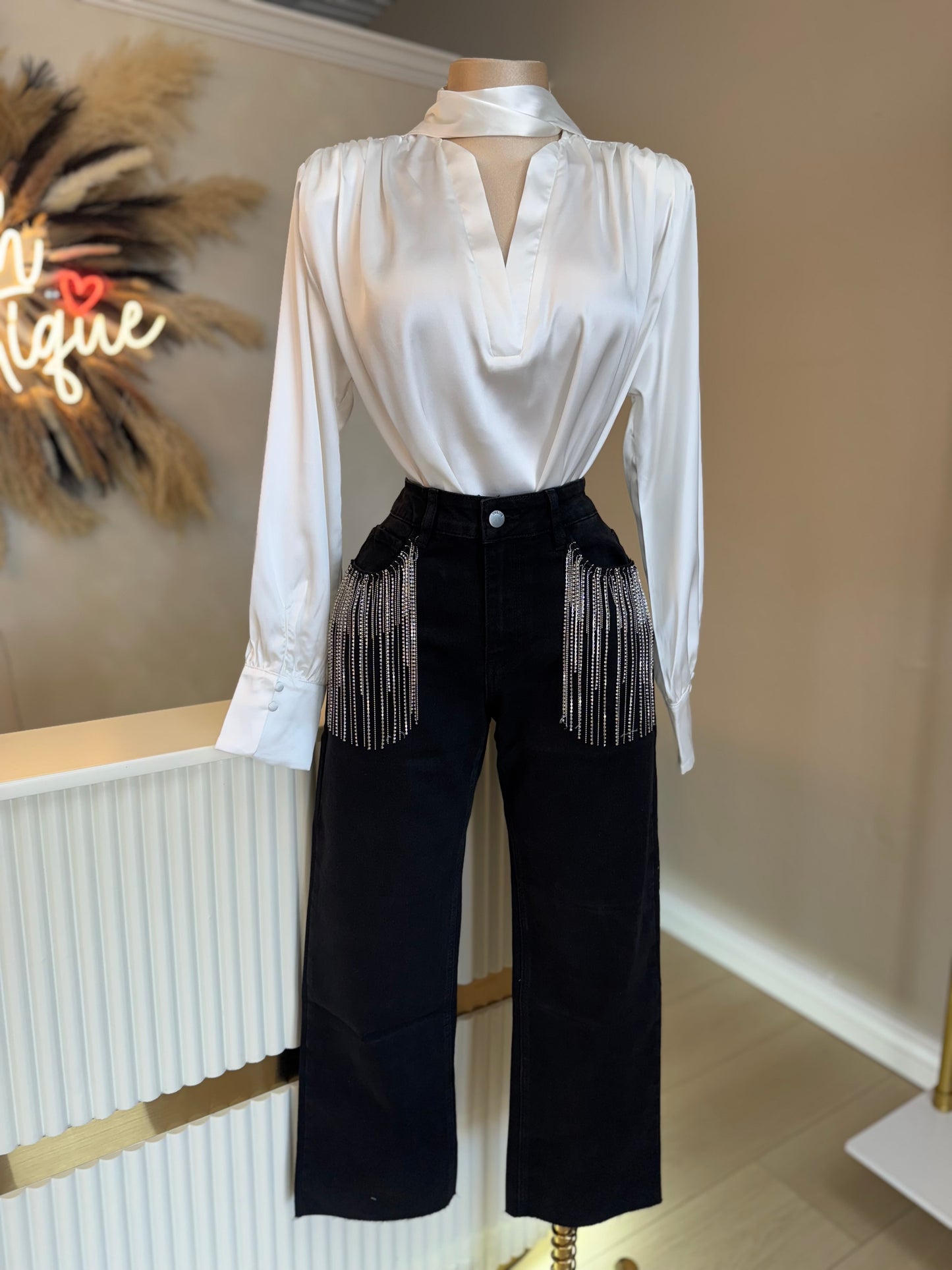 Black rhinestone fringe jeans