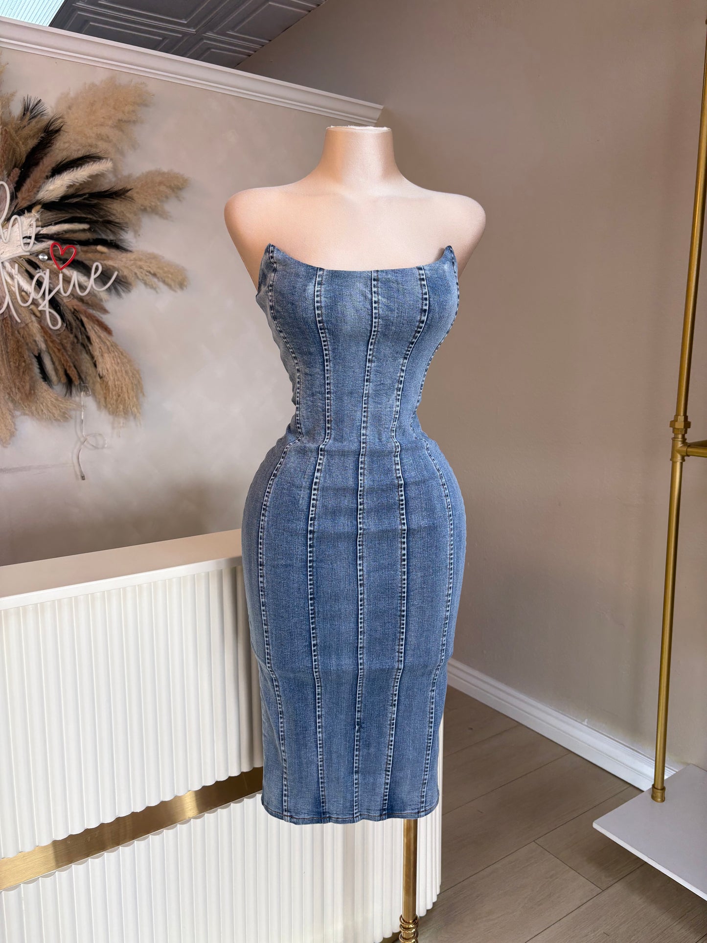 Strapless denim midi dress