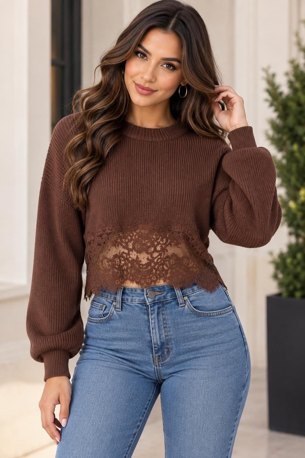 Brown lace knitted sweater
