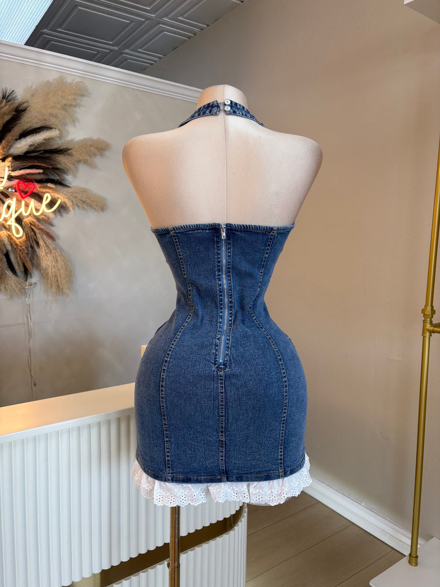 Denim lace trim dress