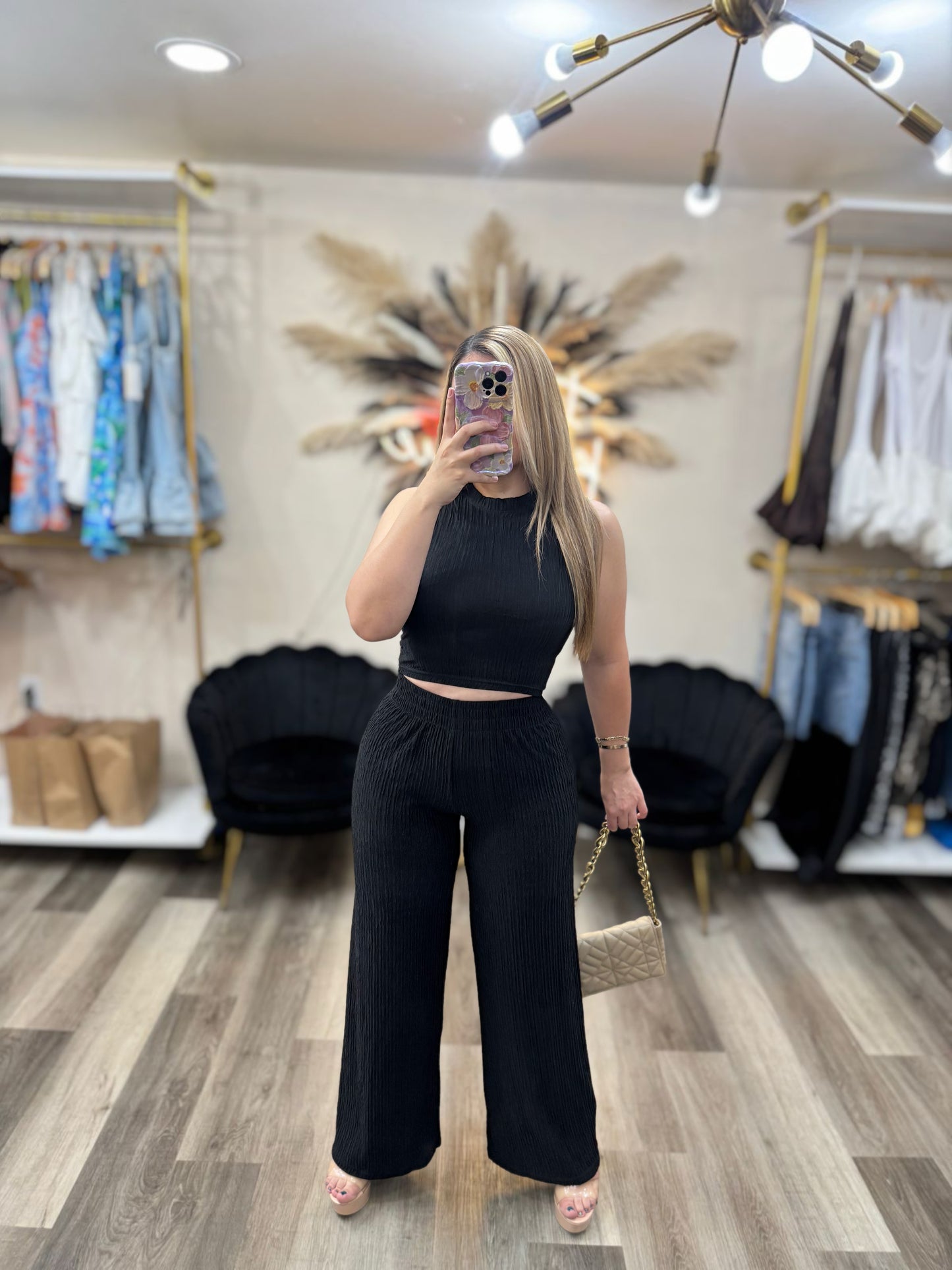 Crinkle wide leg pant set (black)