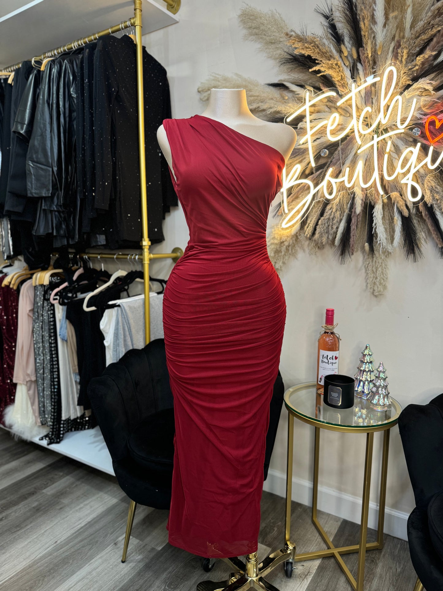 Off shoulder burgundy red dress