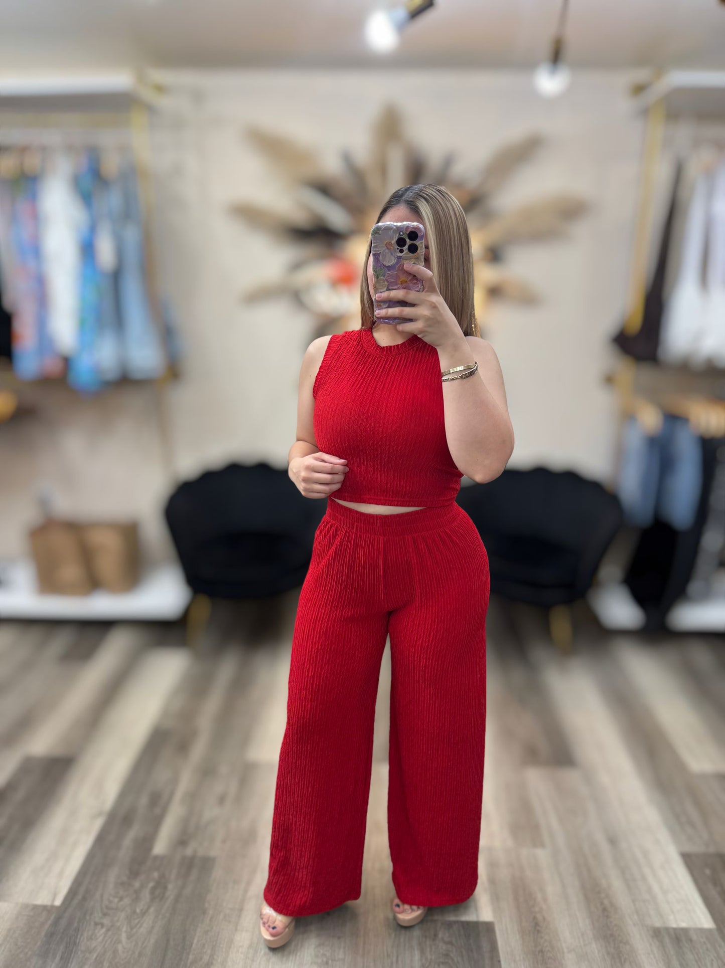 Crinkle wide leg pant set (Berry red)