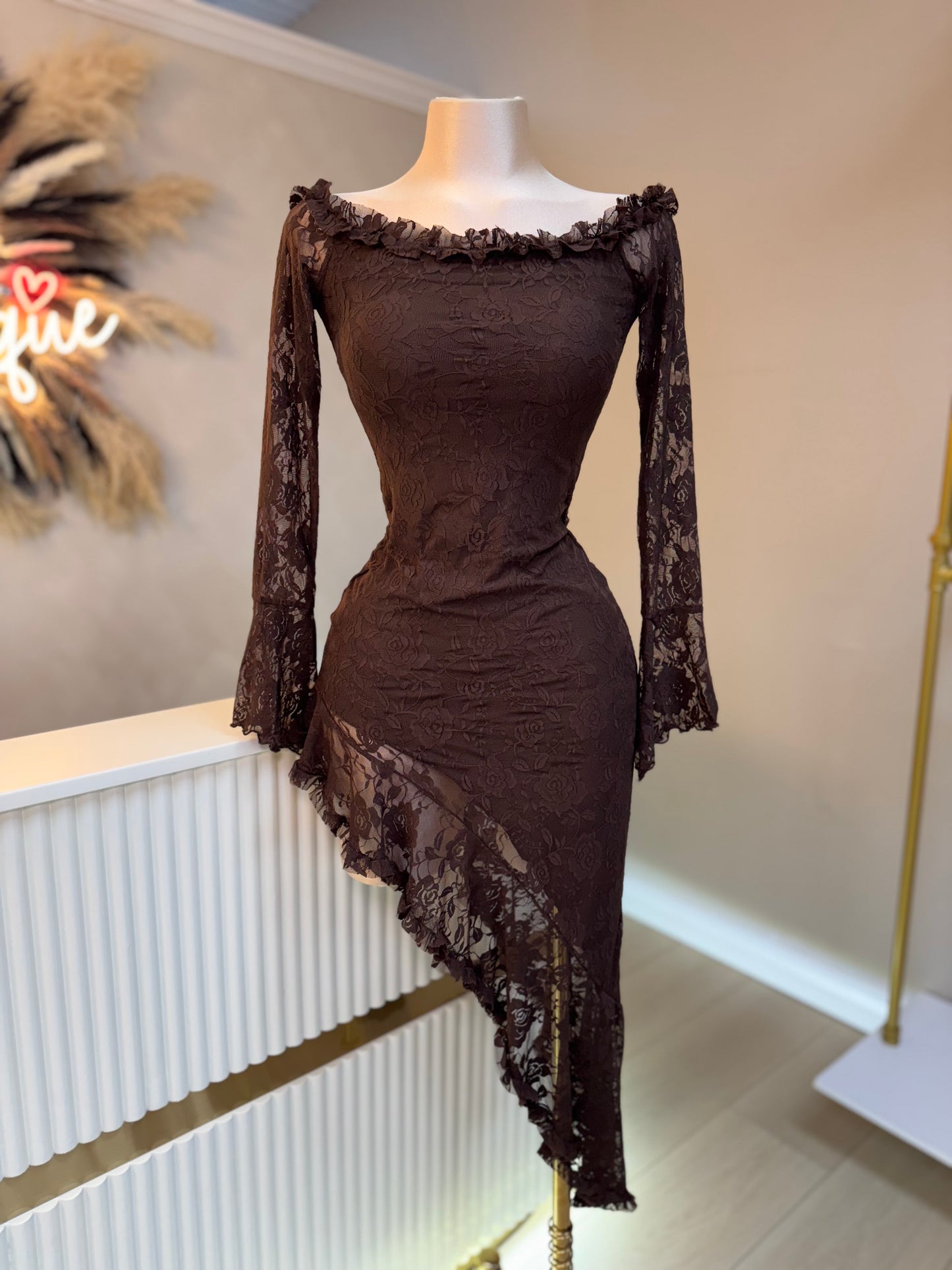 Mocha lace long sleeve dress