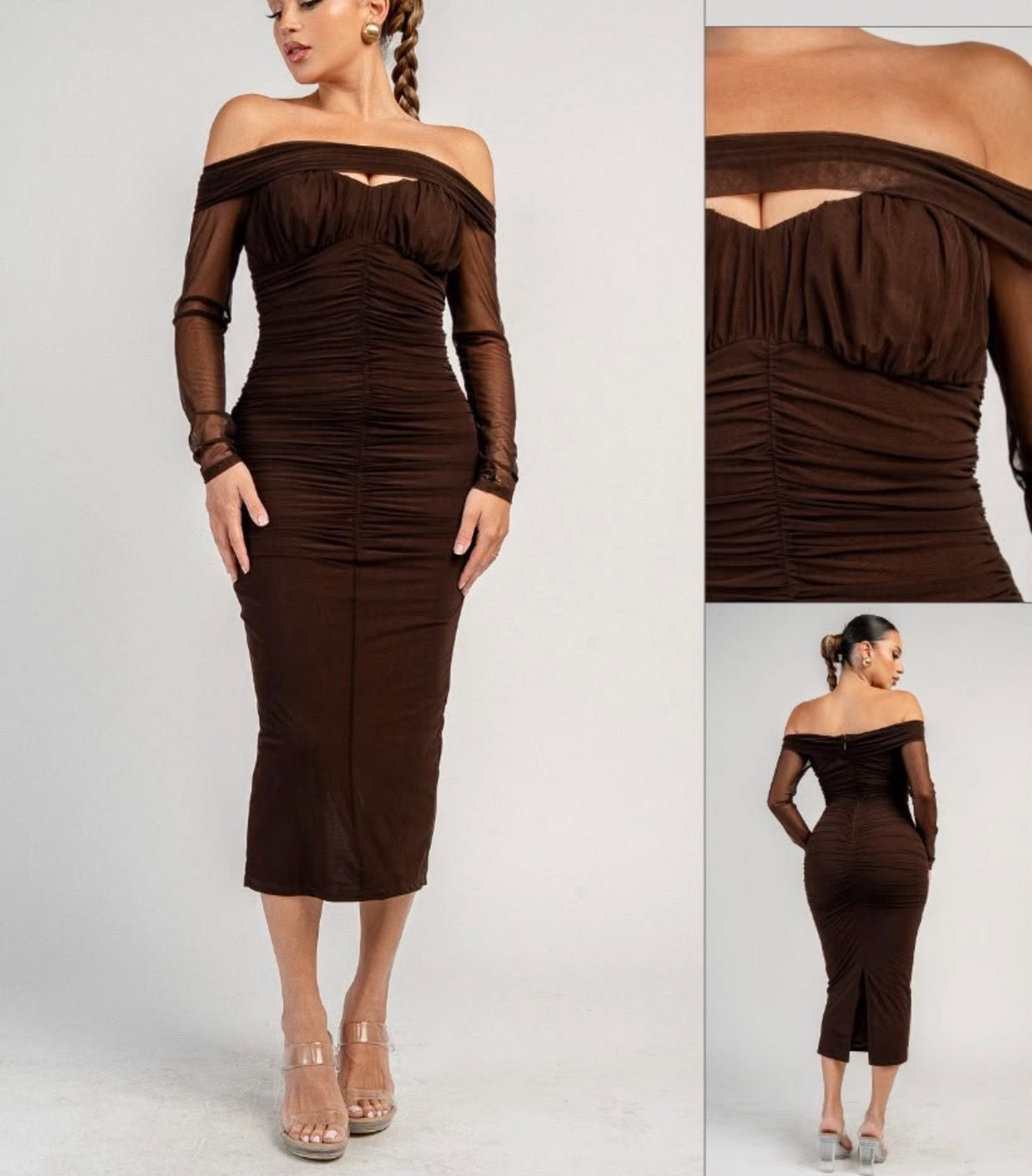Off shoulder ruched midi dress