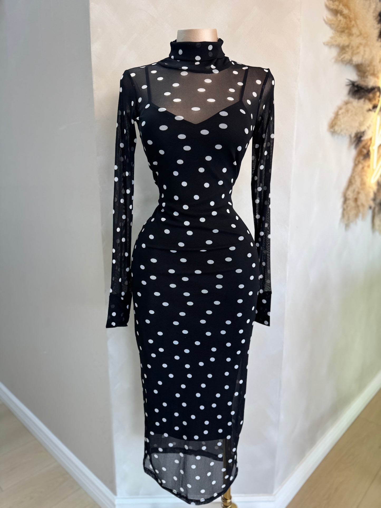 Polka dot mesh midi dress