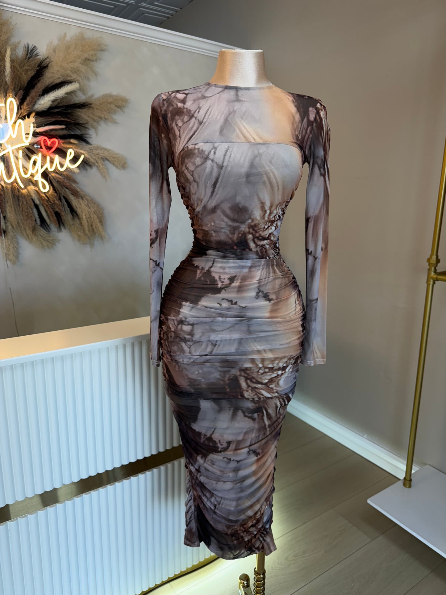 Marble mesh long sleeve midi dress