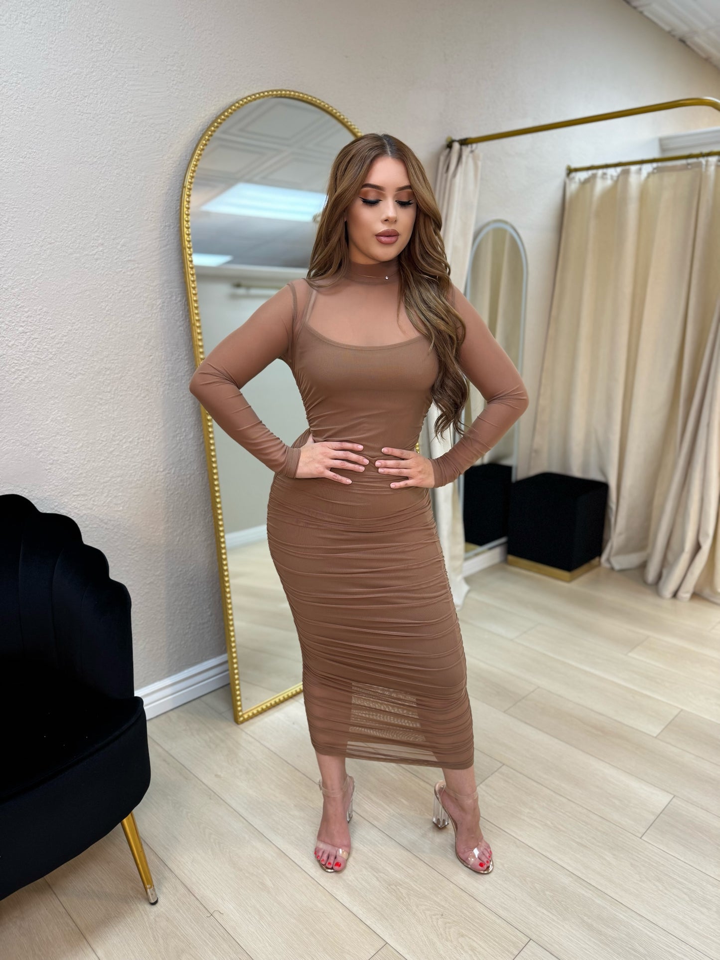 Nude mesh midi dress