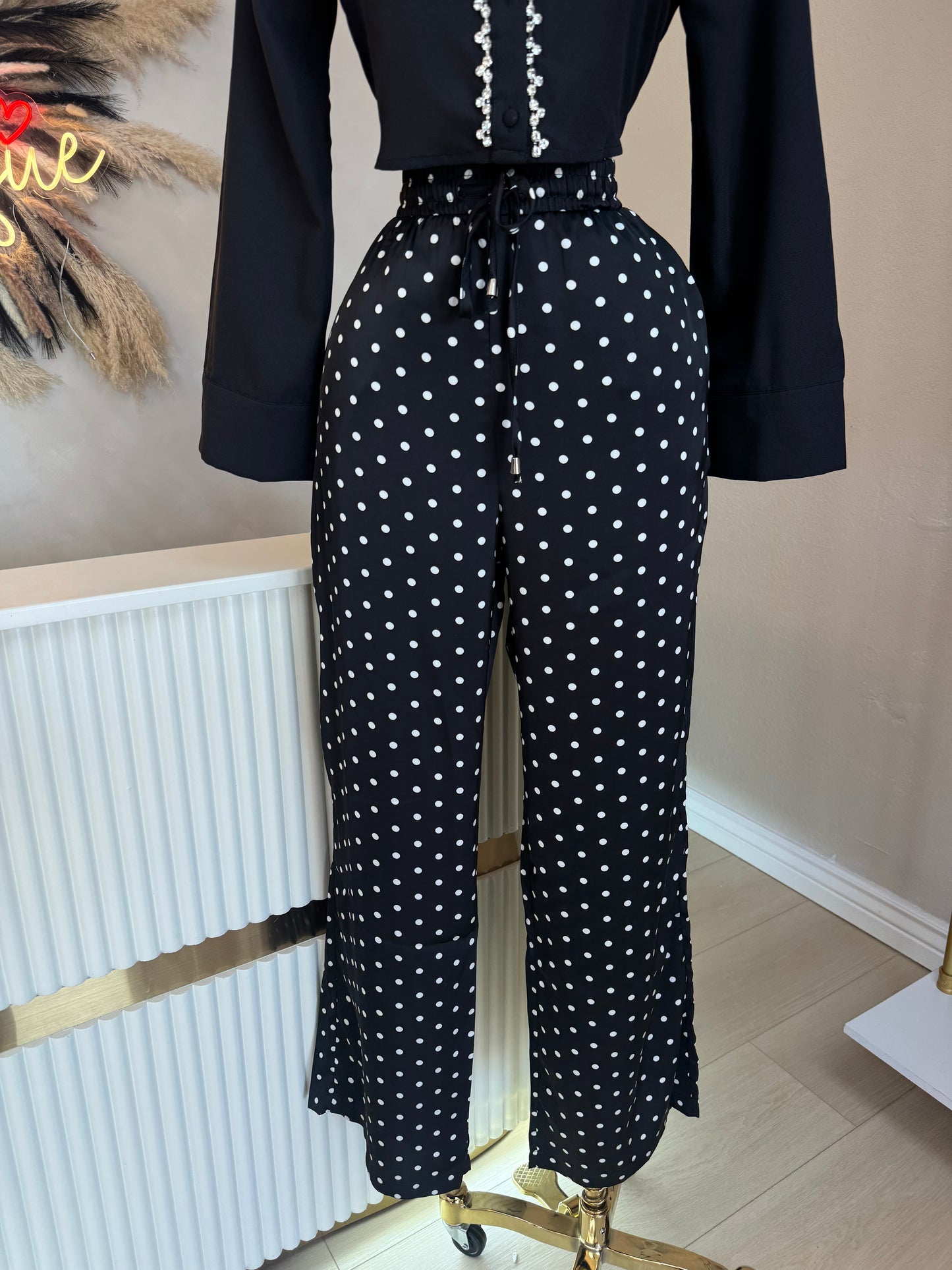 Polka dot satin pants (black)