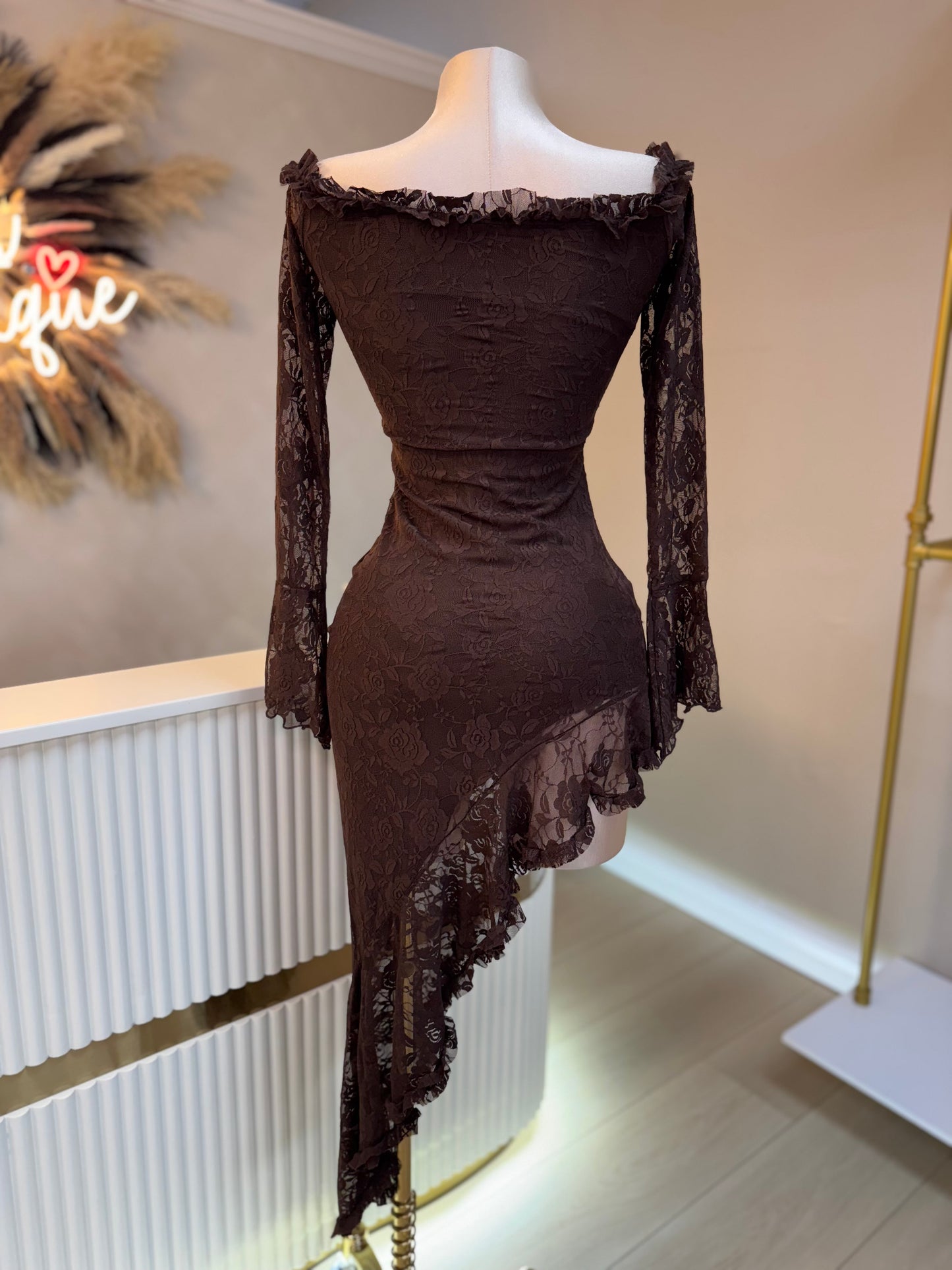 Mocha lace long sleeve dress