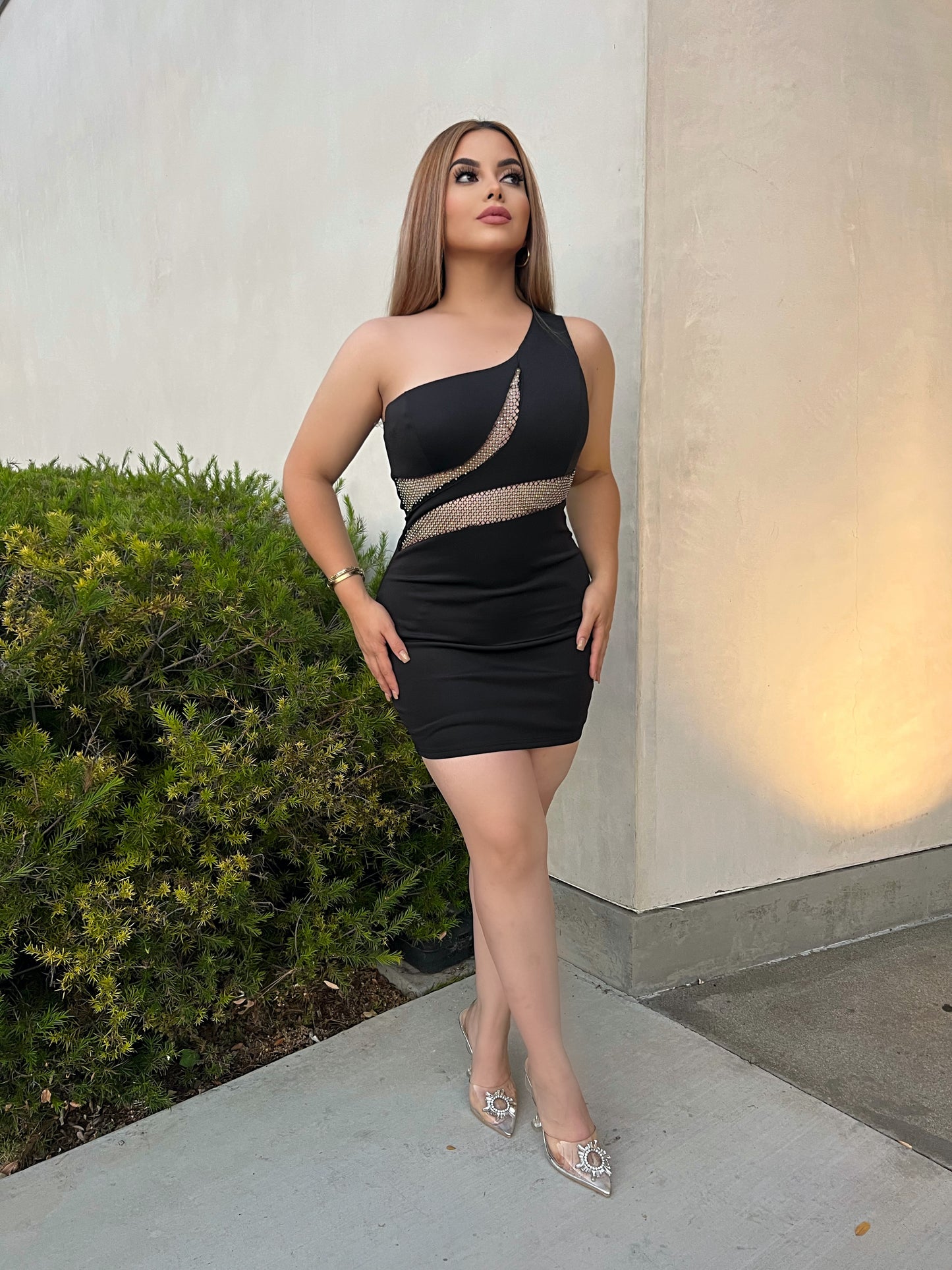 One shoulder rhinestone mesh dress