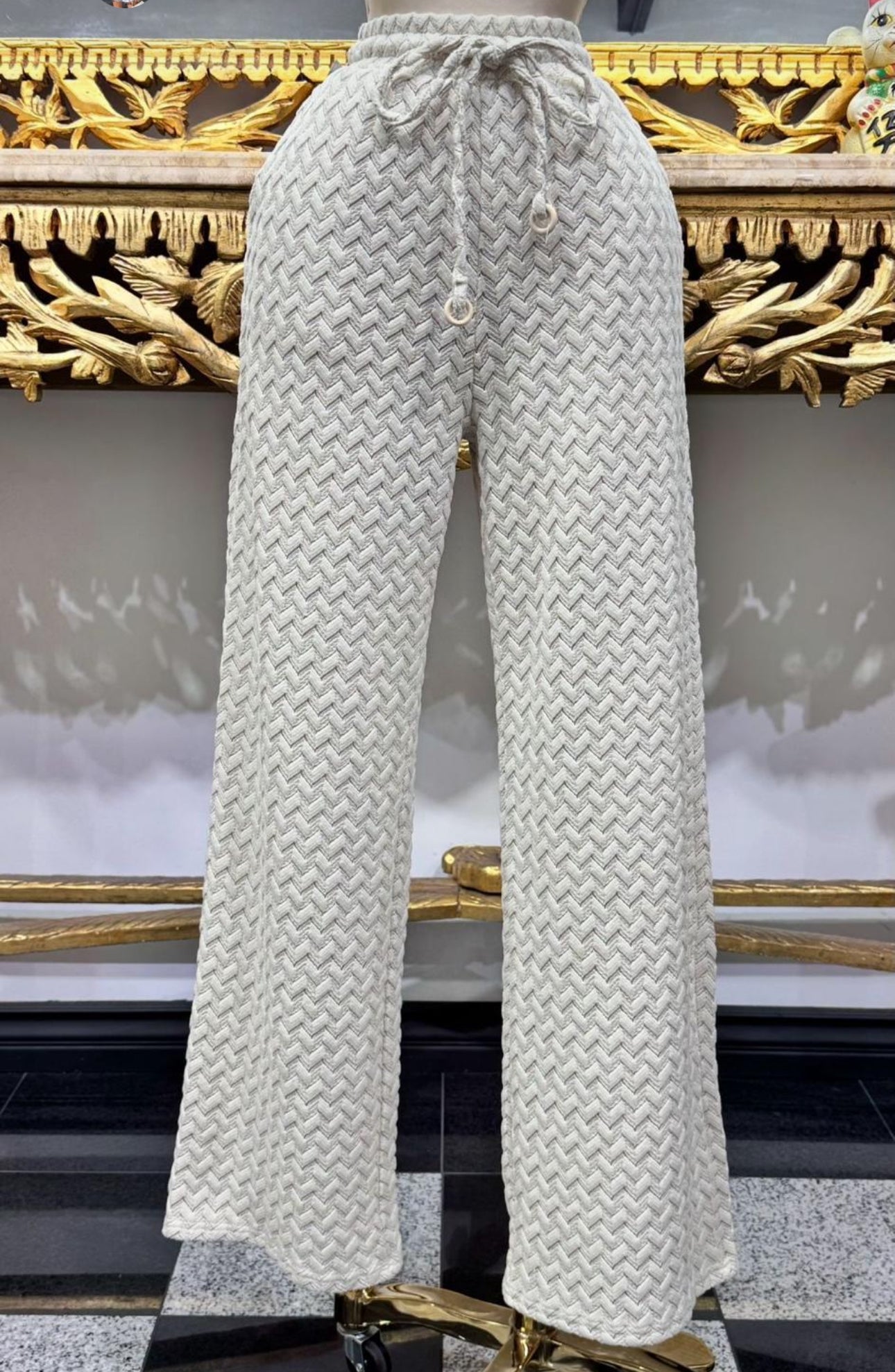 Beige woven straight cut pants