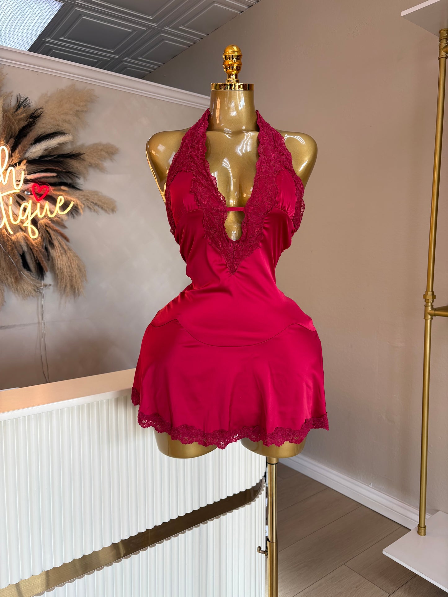 Red satin lace dress