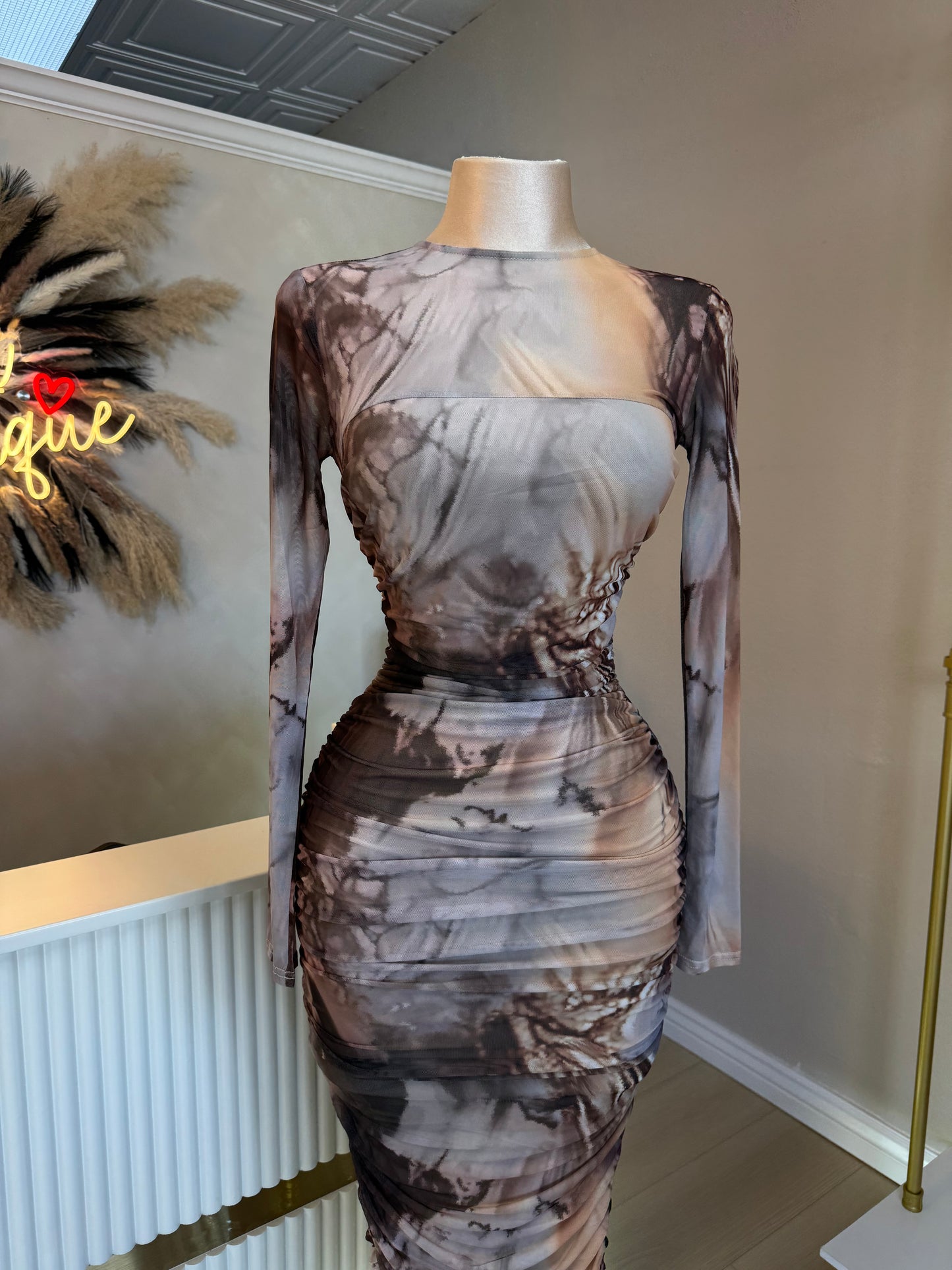 Marble mesh long sleeve midi dress