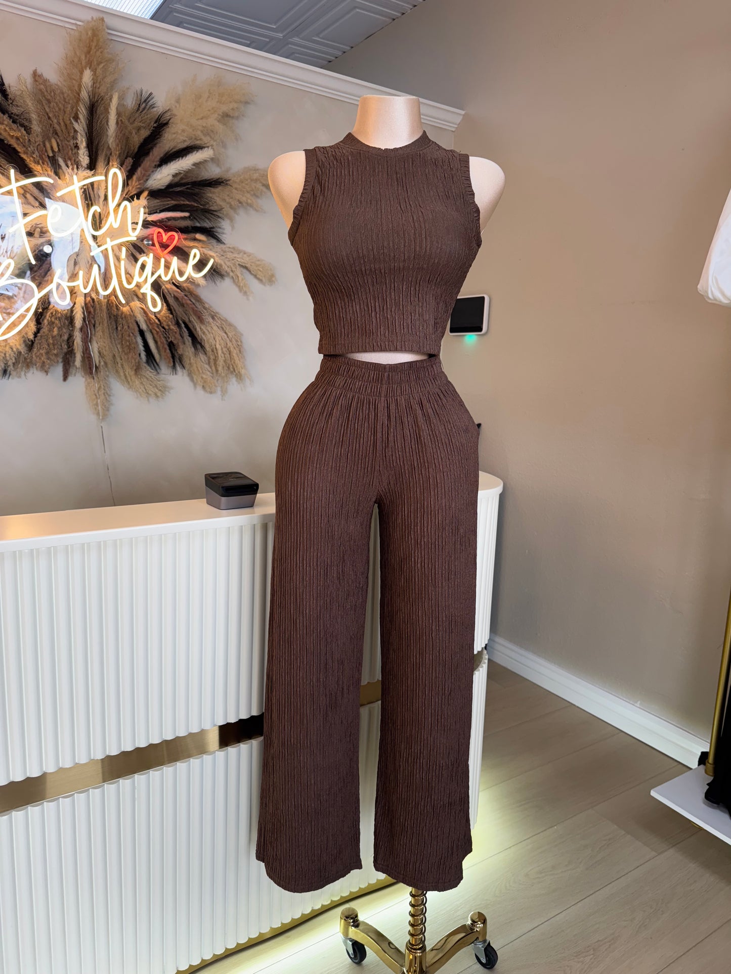 Crinkle wide leg pant set (mocha)