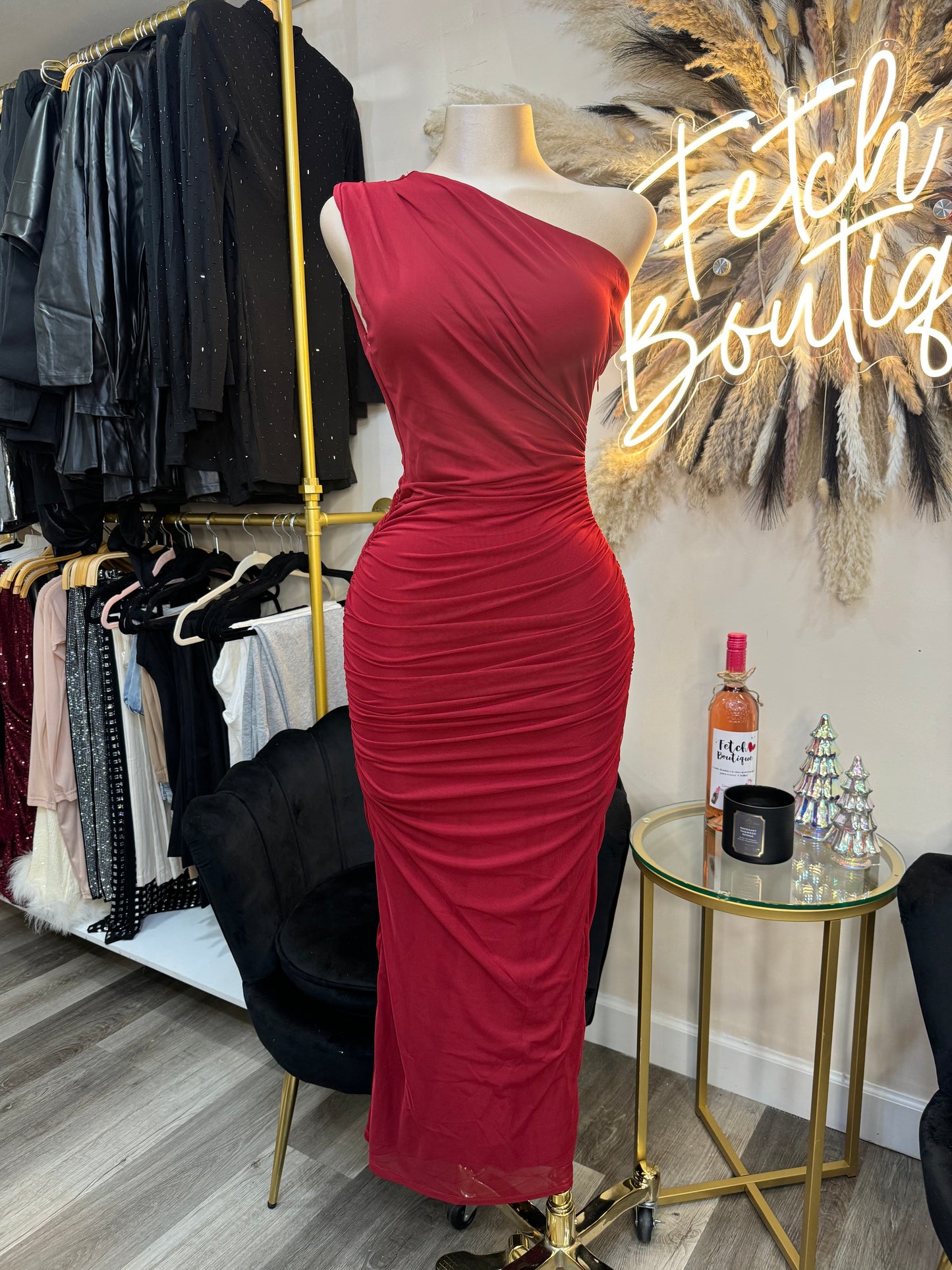 Off shoulder burgundy red dress