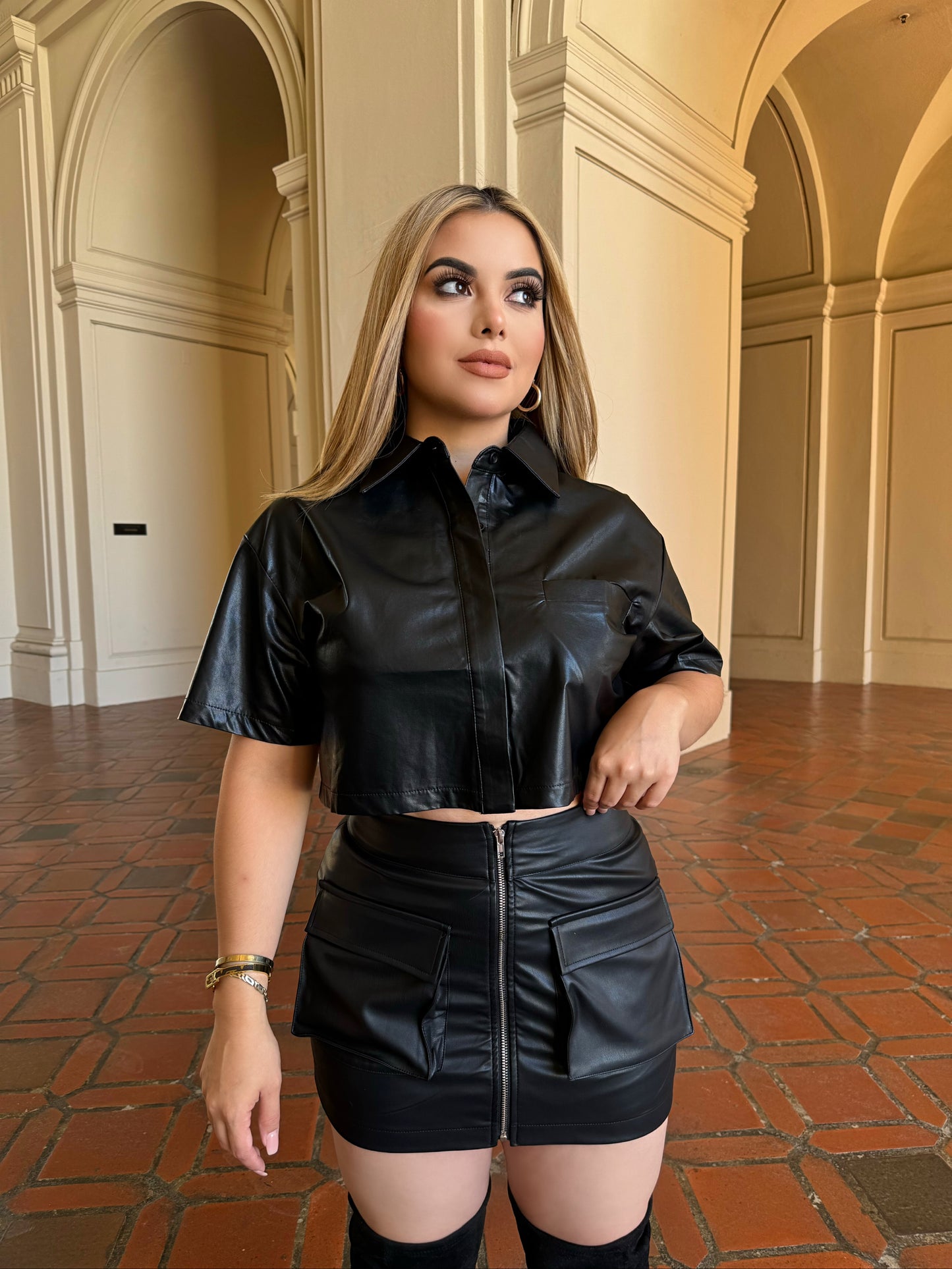 Leather cargo skirt