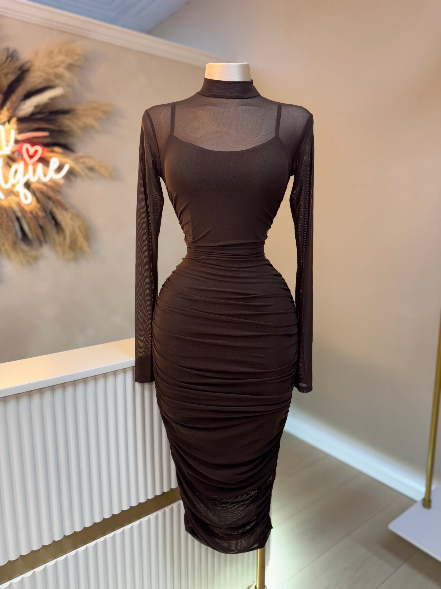 Mocha mesh midi dress