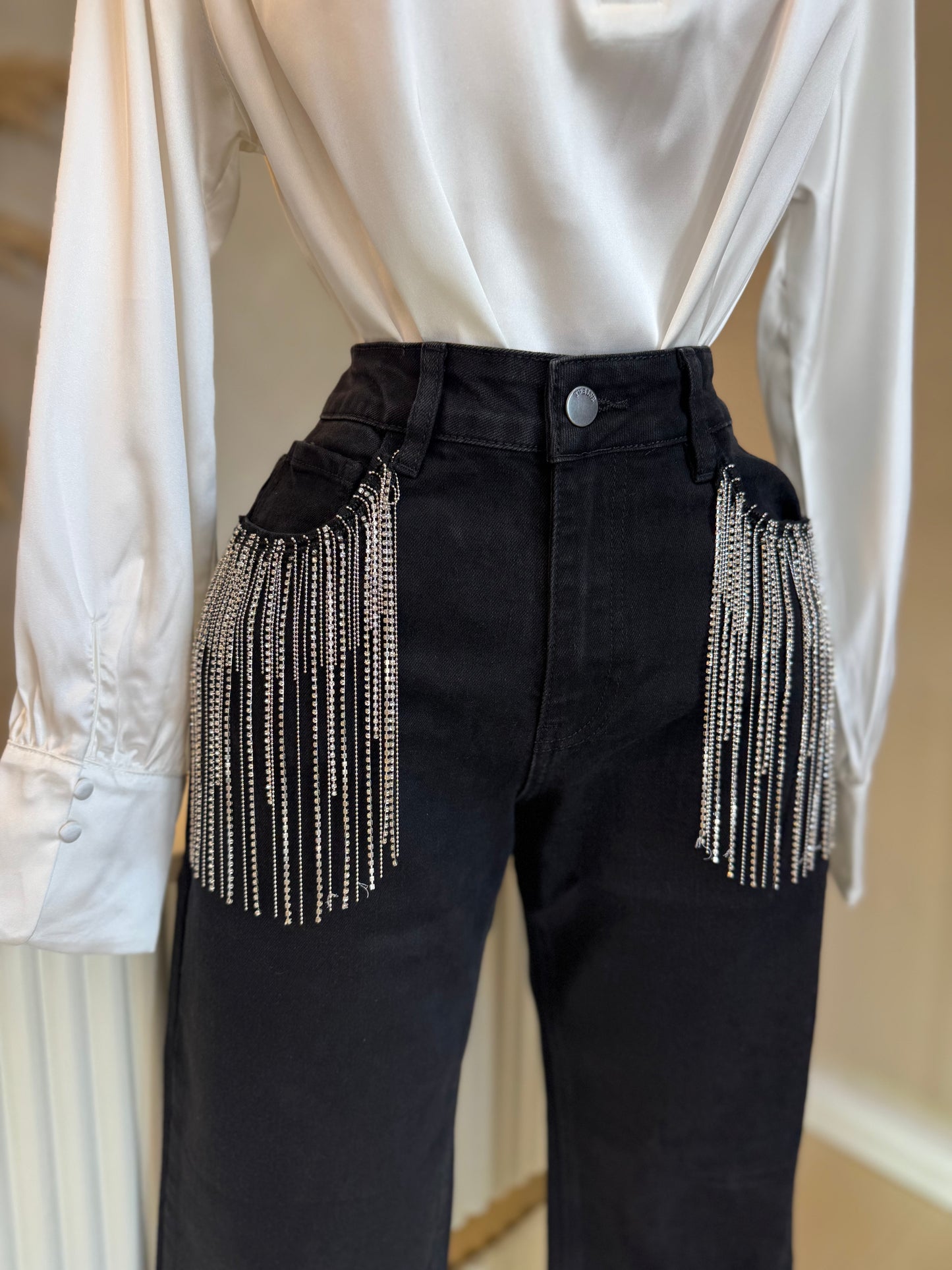 Black rhinestone fringe jeans