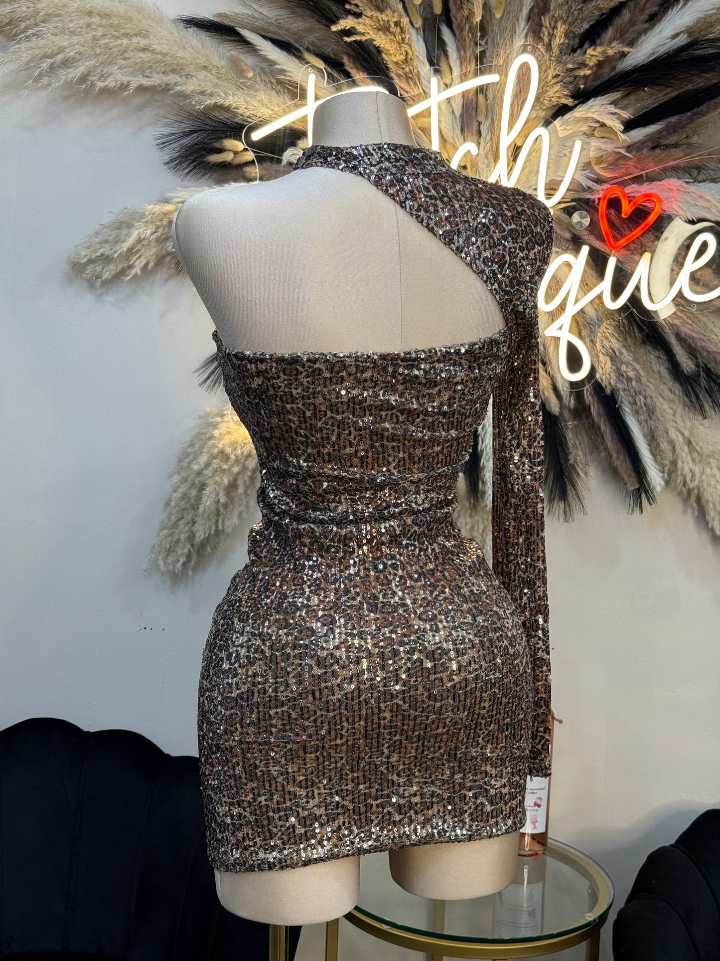 Sequin leopard cut out dress