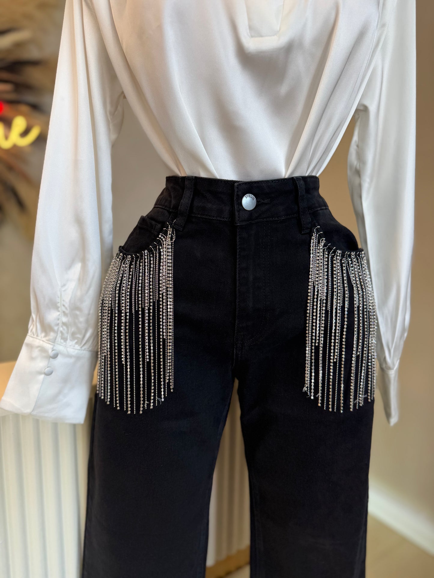 Black rhinestone fringe jeans