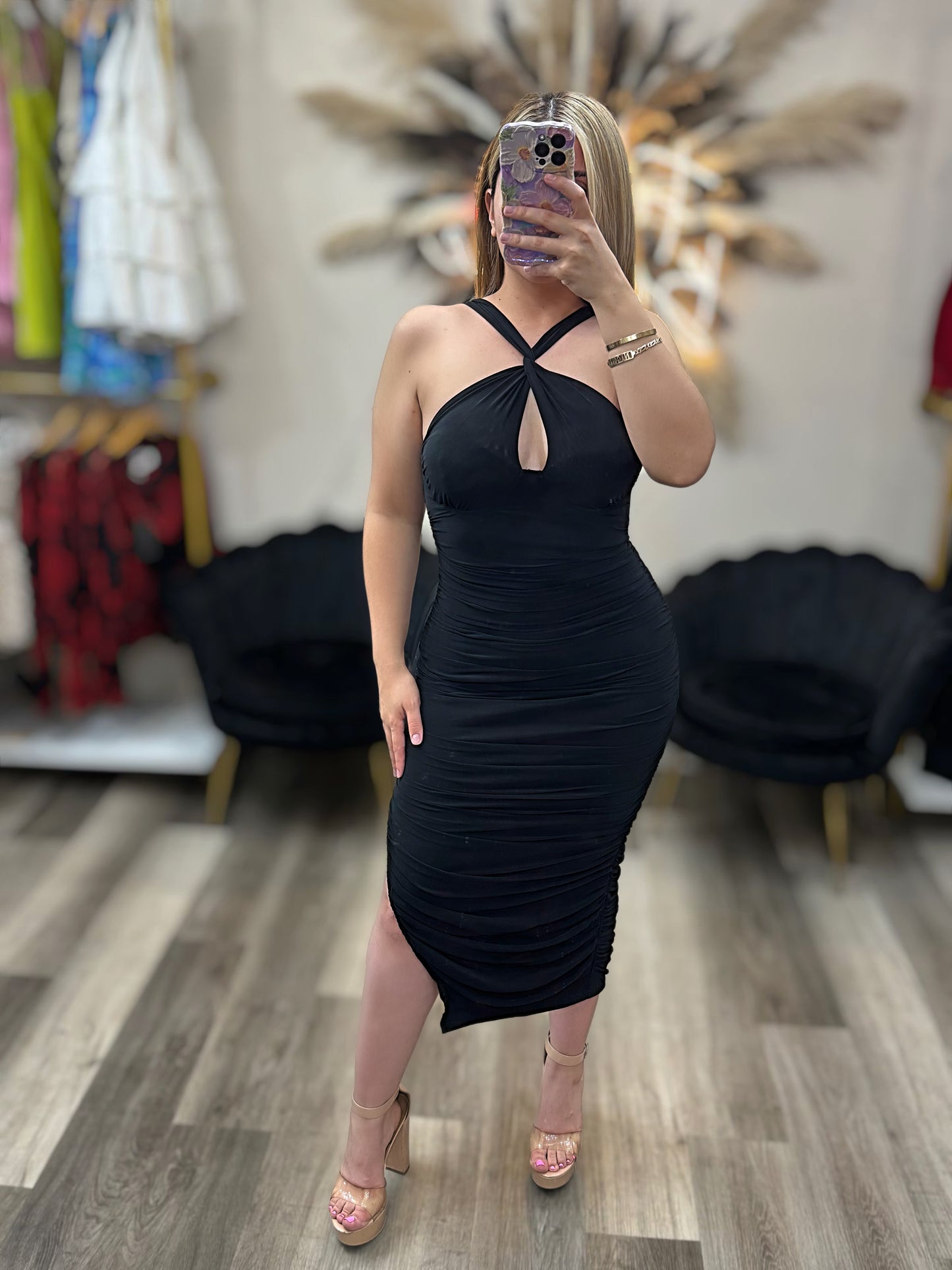 Crossover mesh midi dress (black)