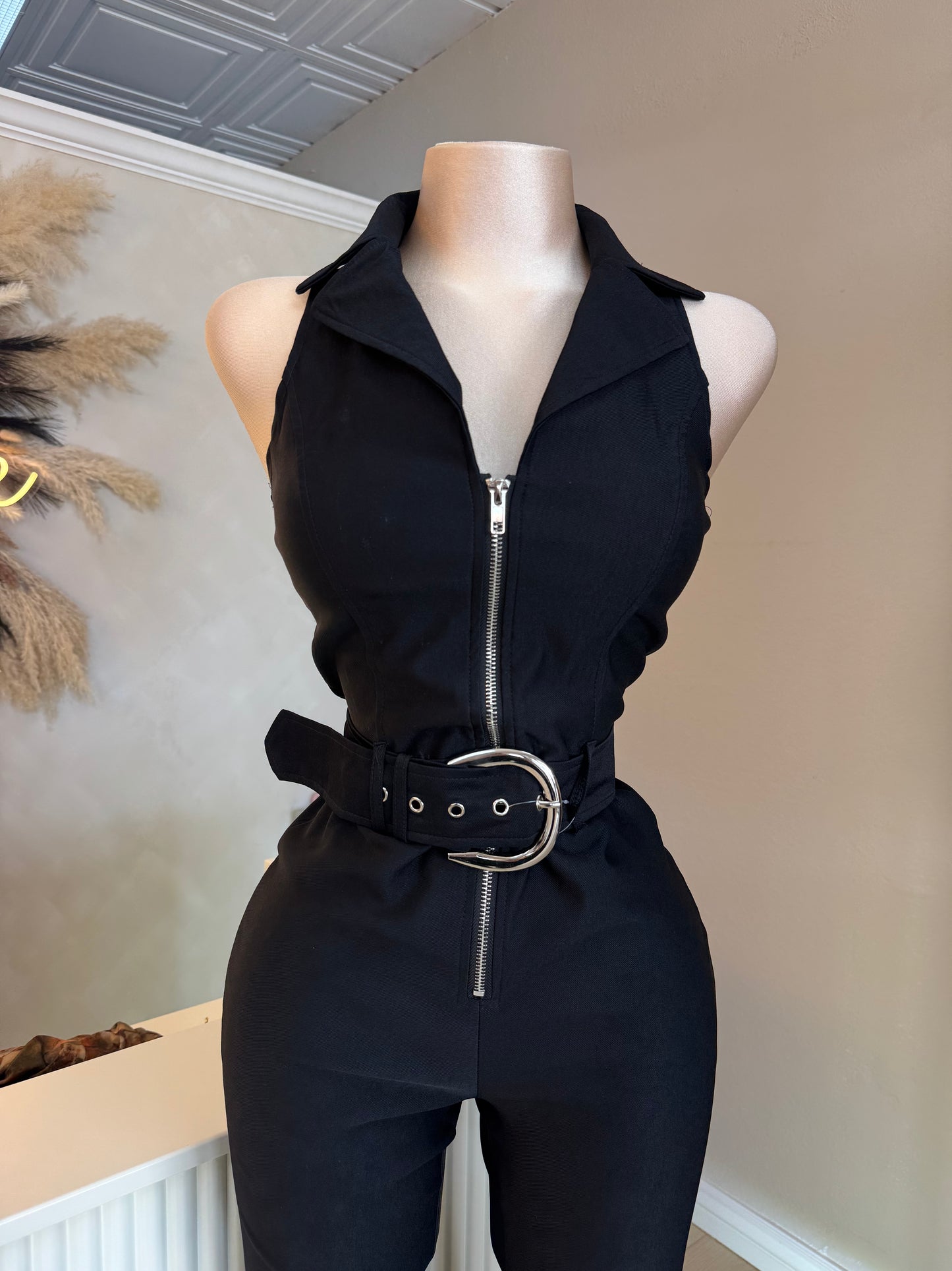 Black zip up belt jumpsuit