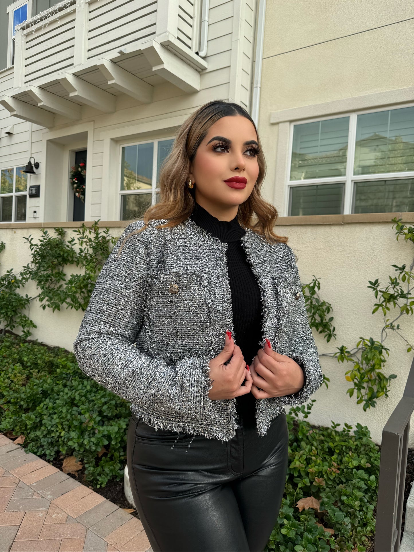 Metallic silver tweed blazer
