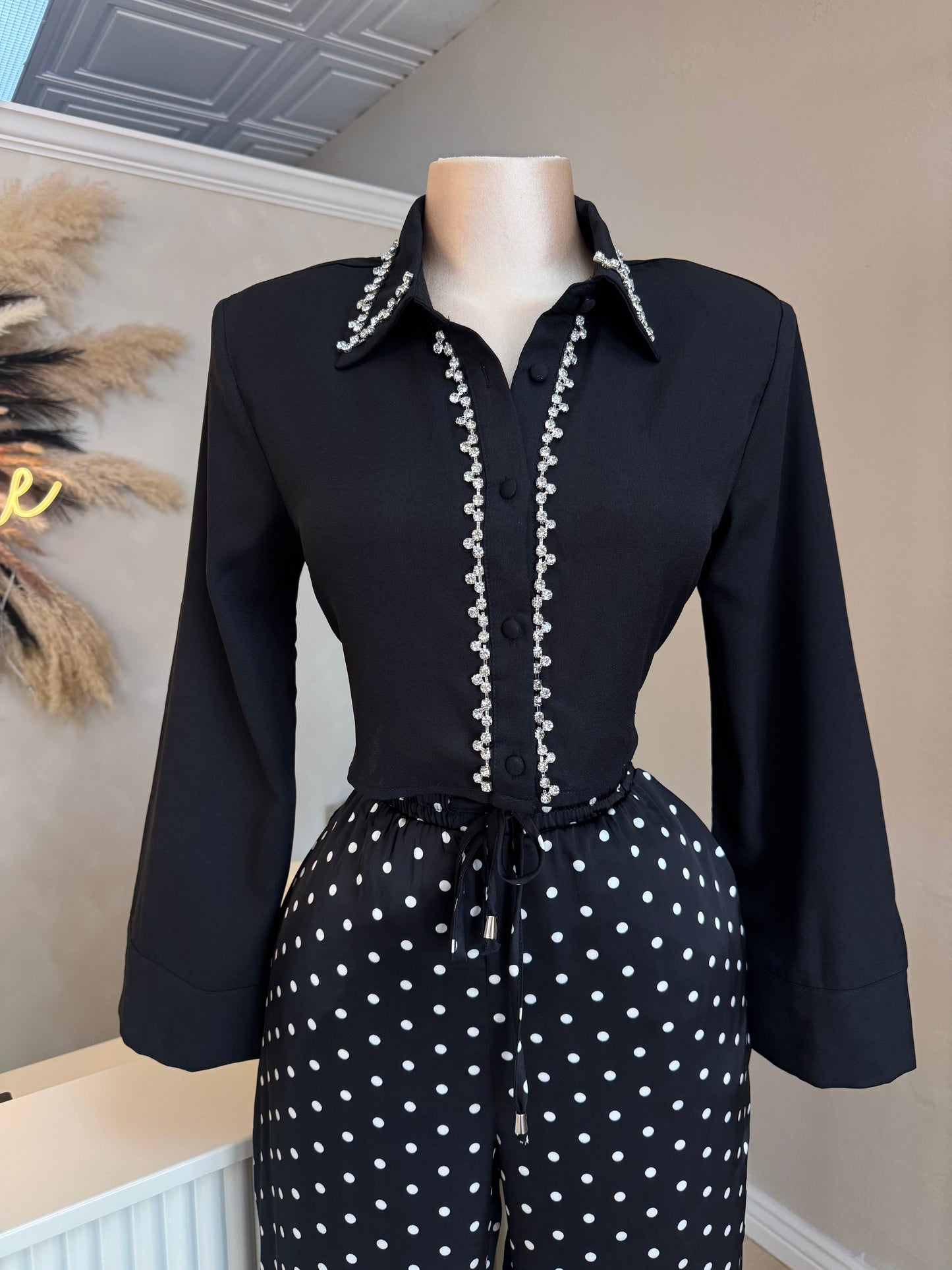 Rhinestone detail button up (black)