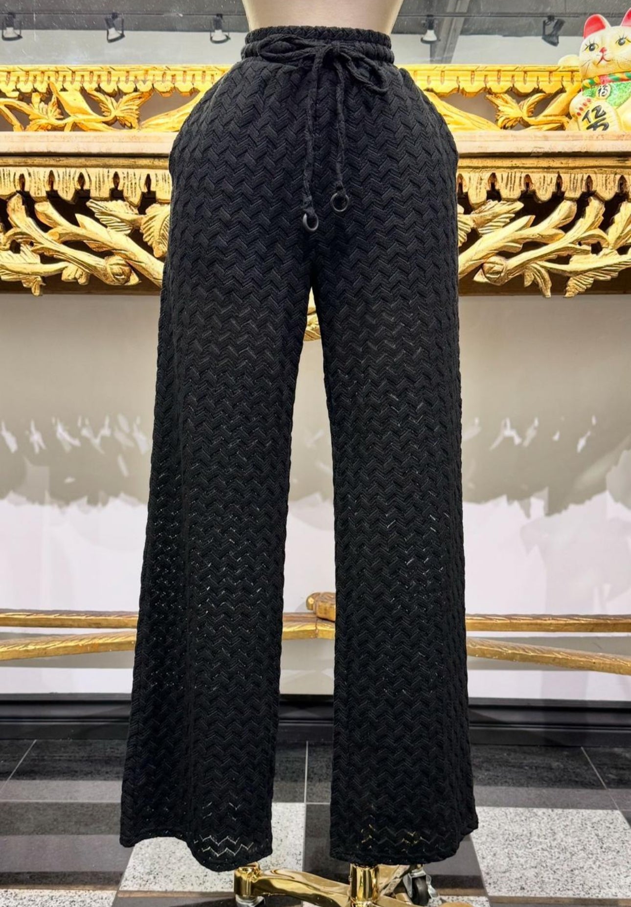 Black woven straight cut pants