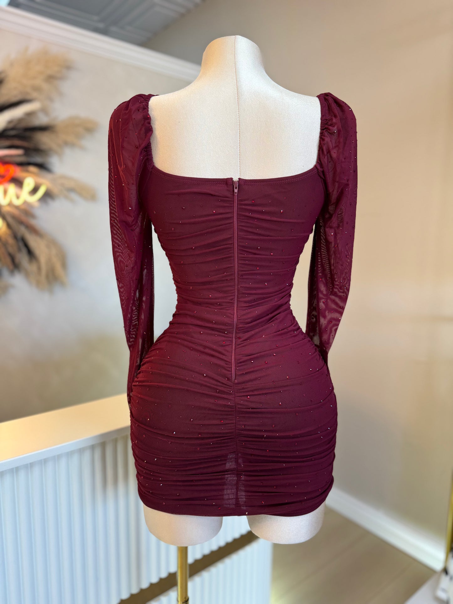 Luxe rhinestone long sleeve mesh dress
