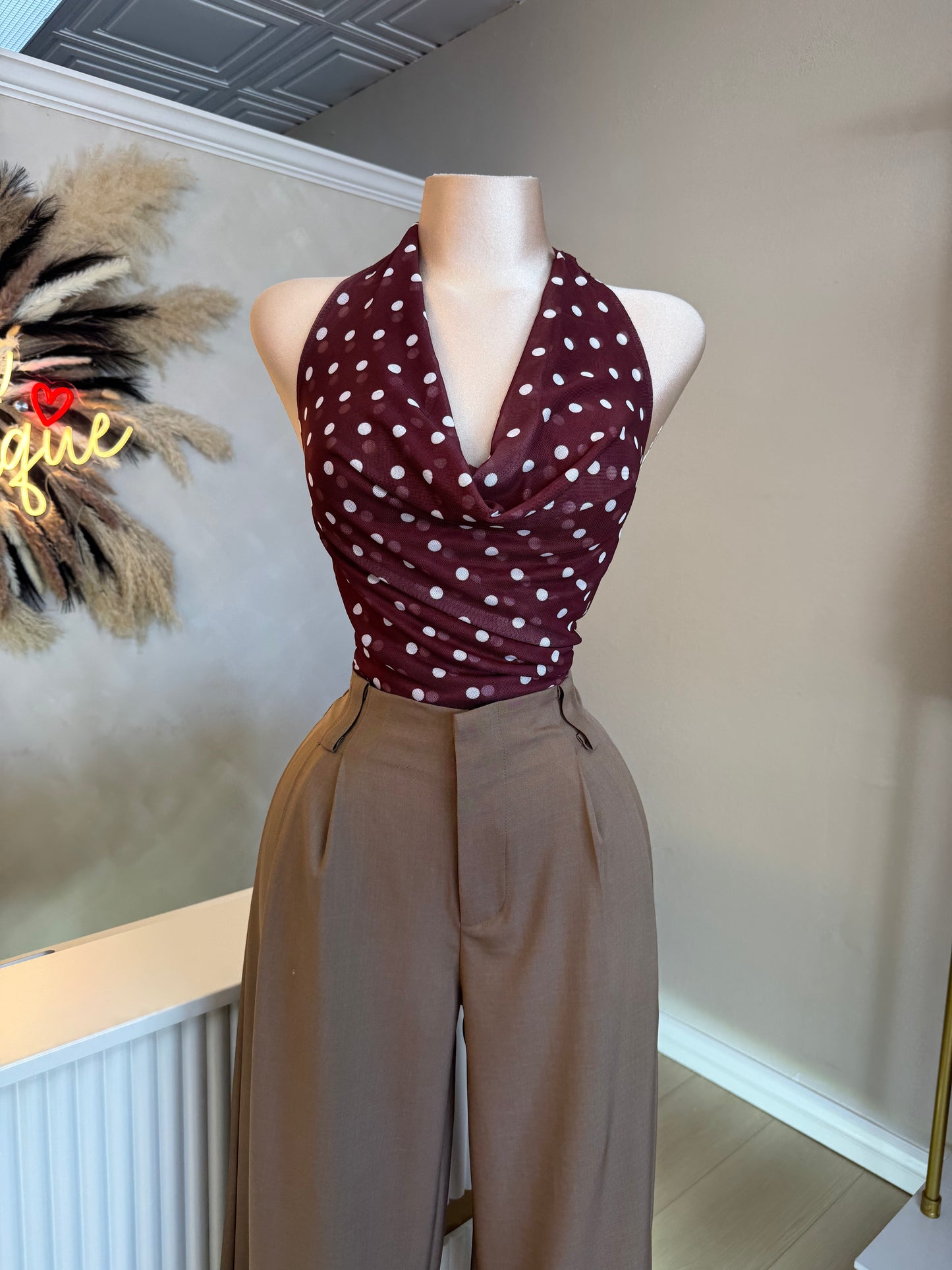 Mesh Polka dot halter top (burgundy)