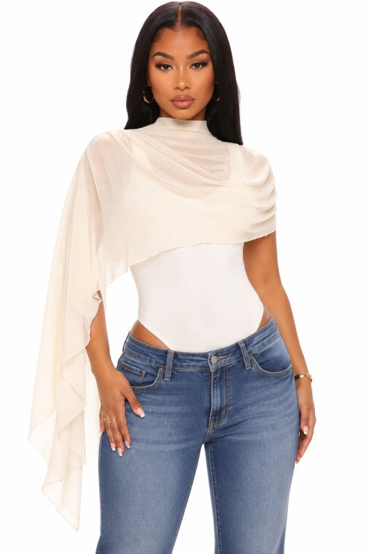 Sheer draped mock neck bodysuit