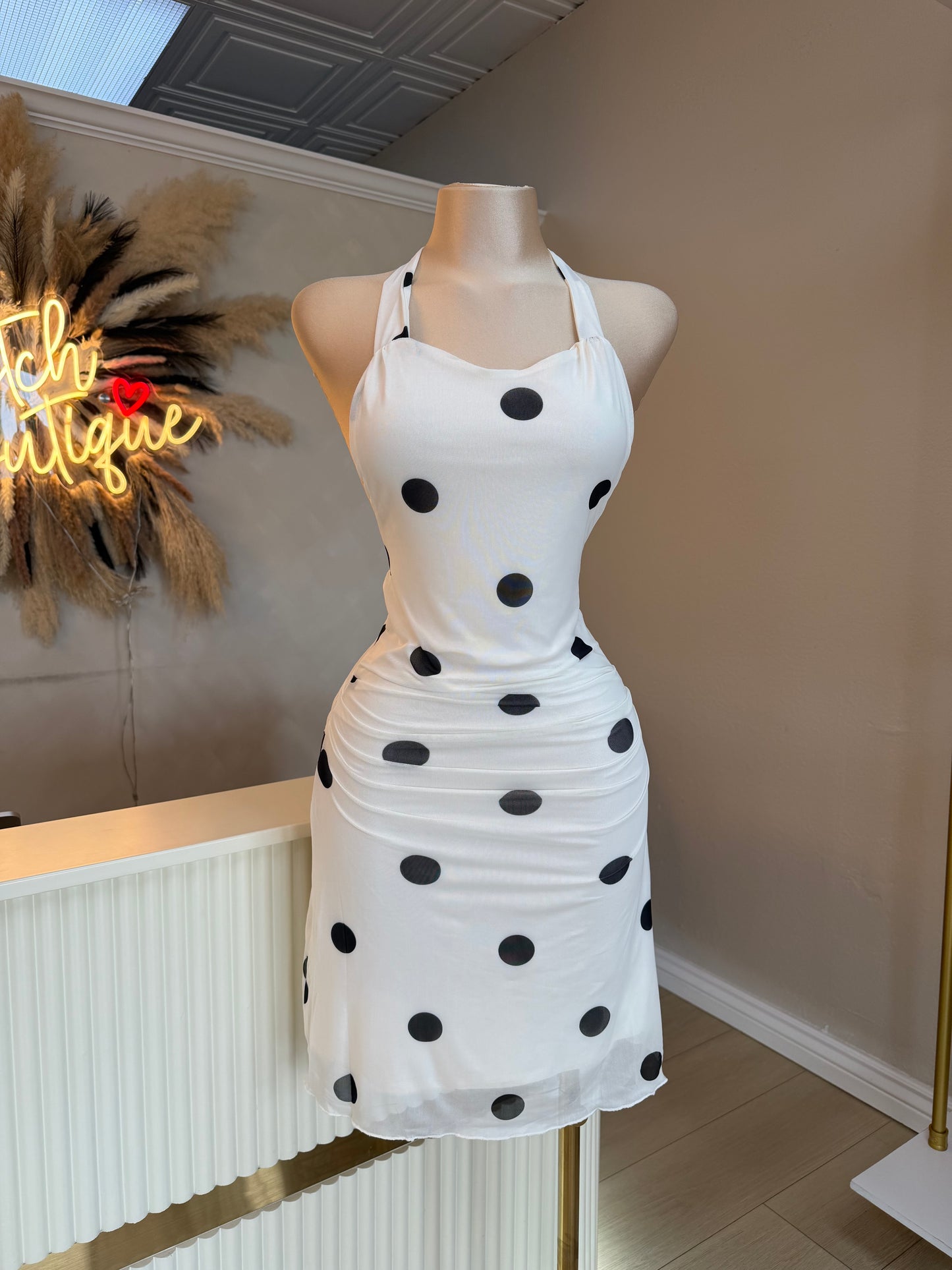 Polka dot mesh halter dress