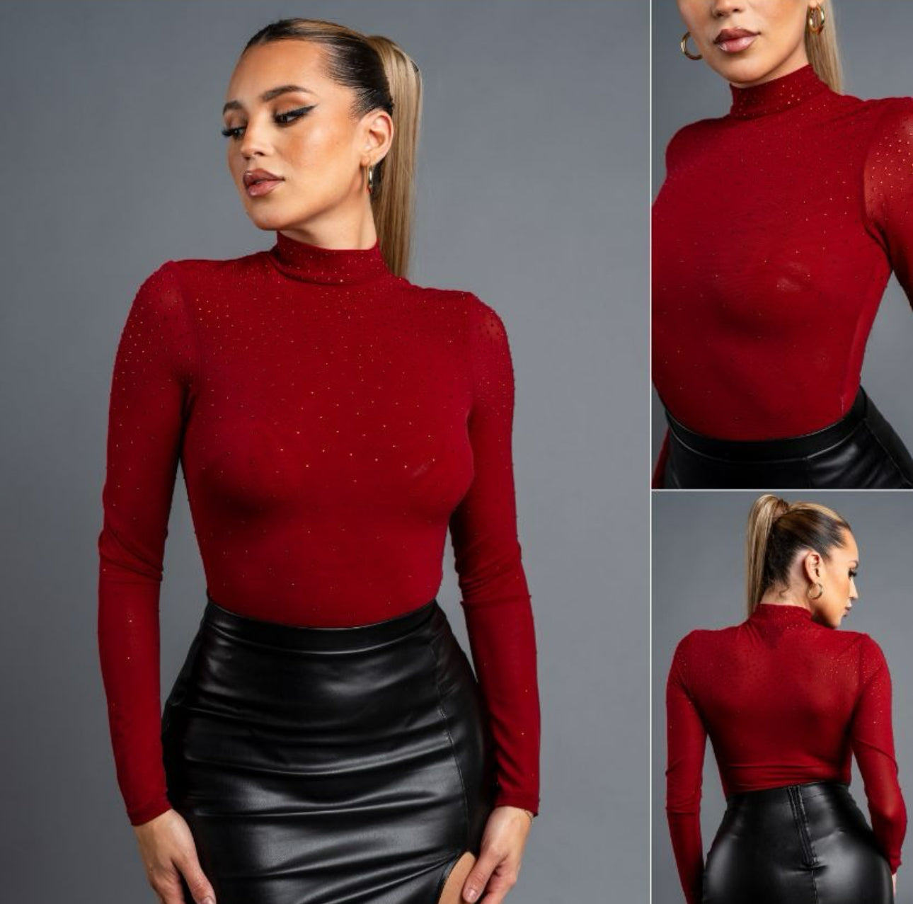 Rhinestone mesh bodysuit (burgundy)