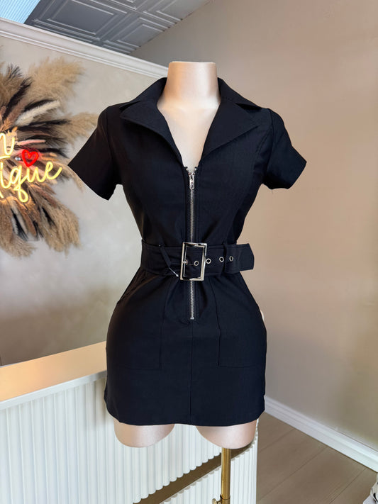 Black zip up belt dress