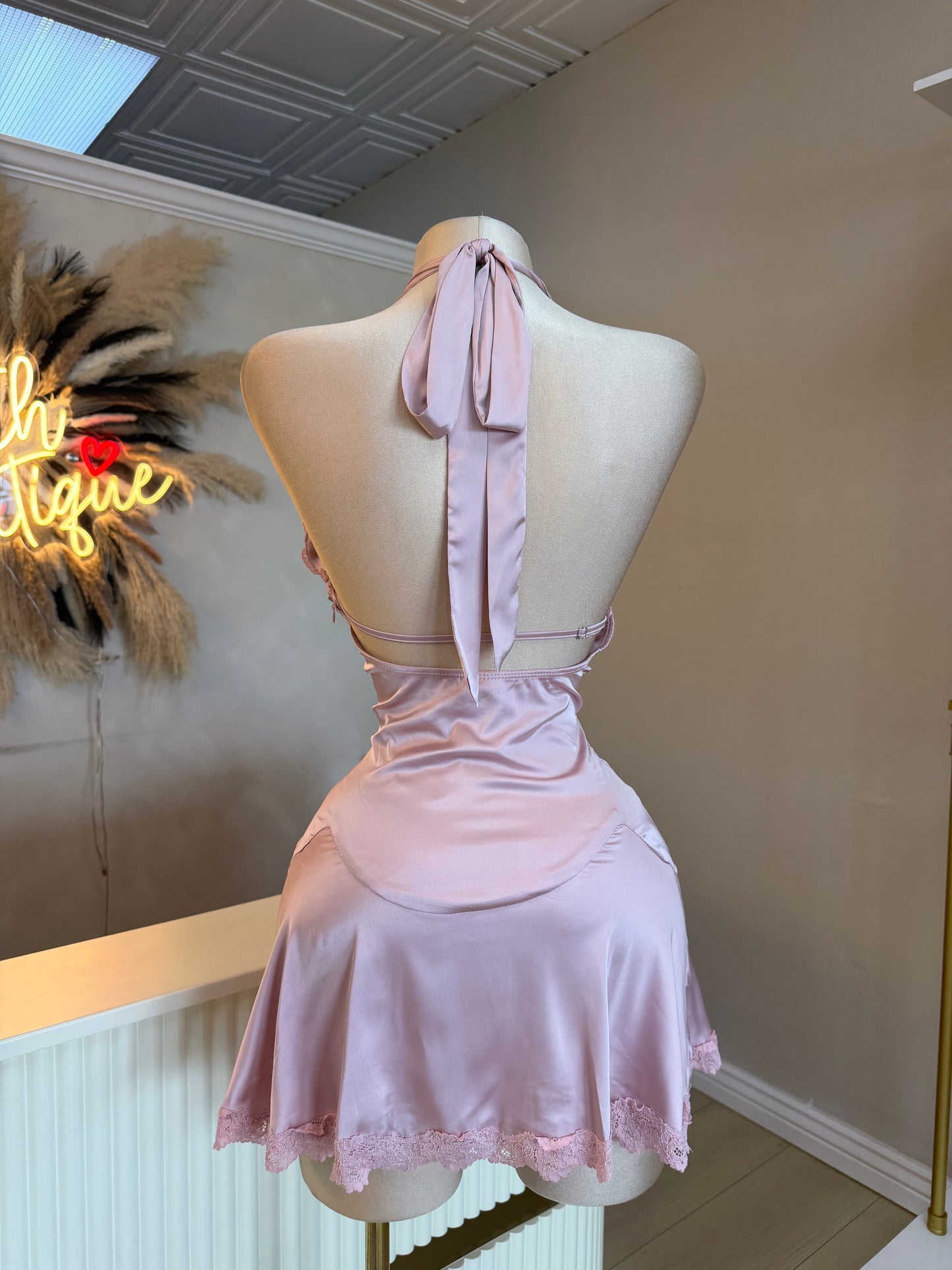 Pink satin lace dress