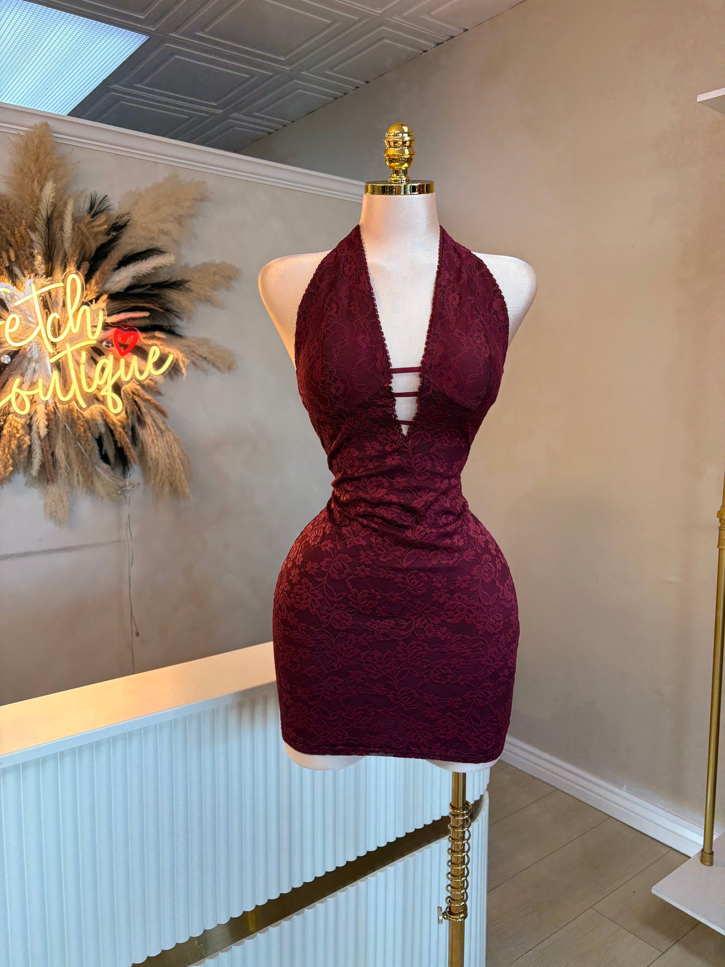 Burgundy lace halter dress