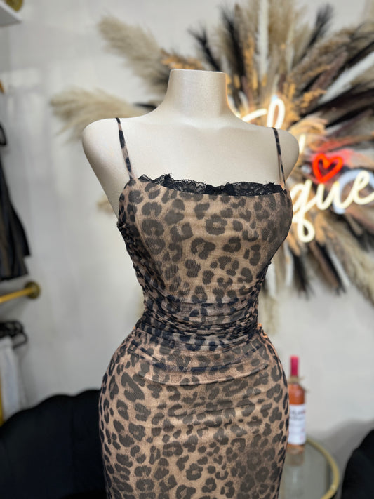 Mesh cheetah midi dress