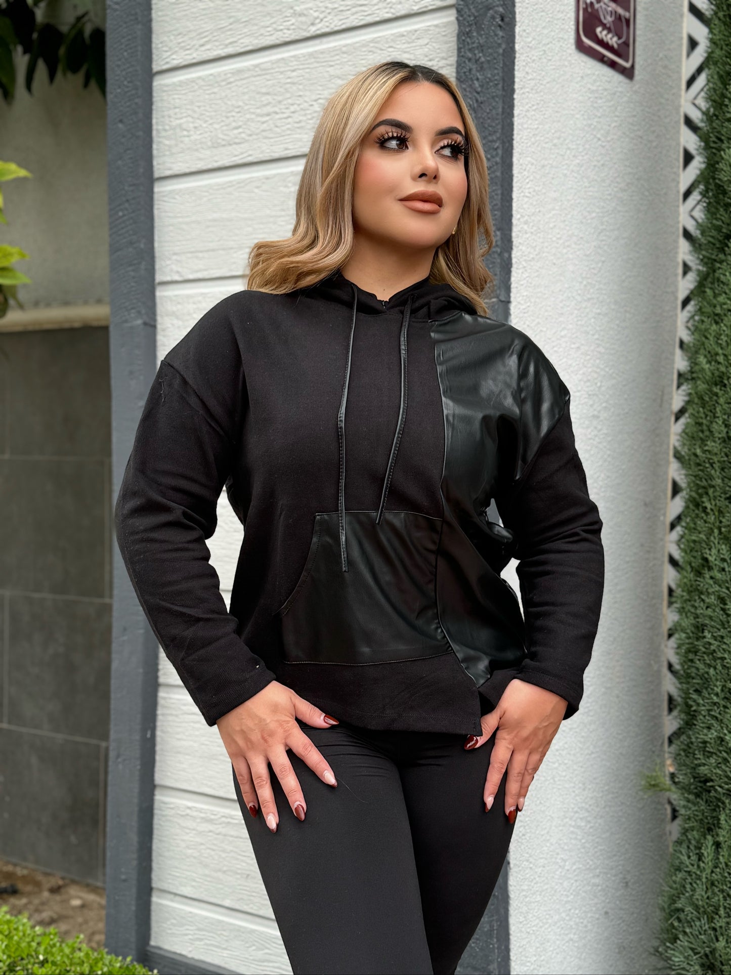 Leather contrast hoodie