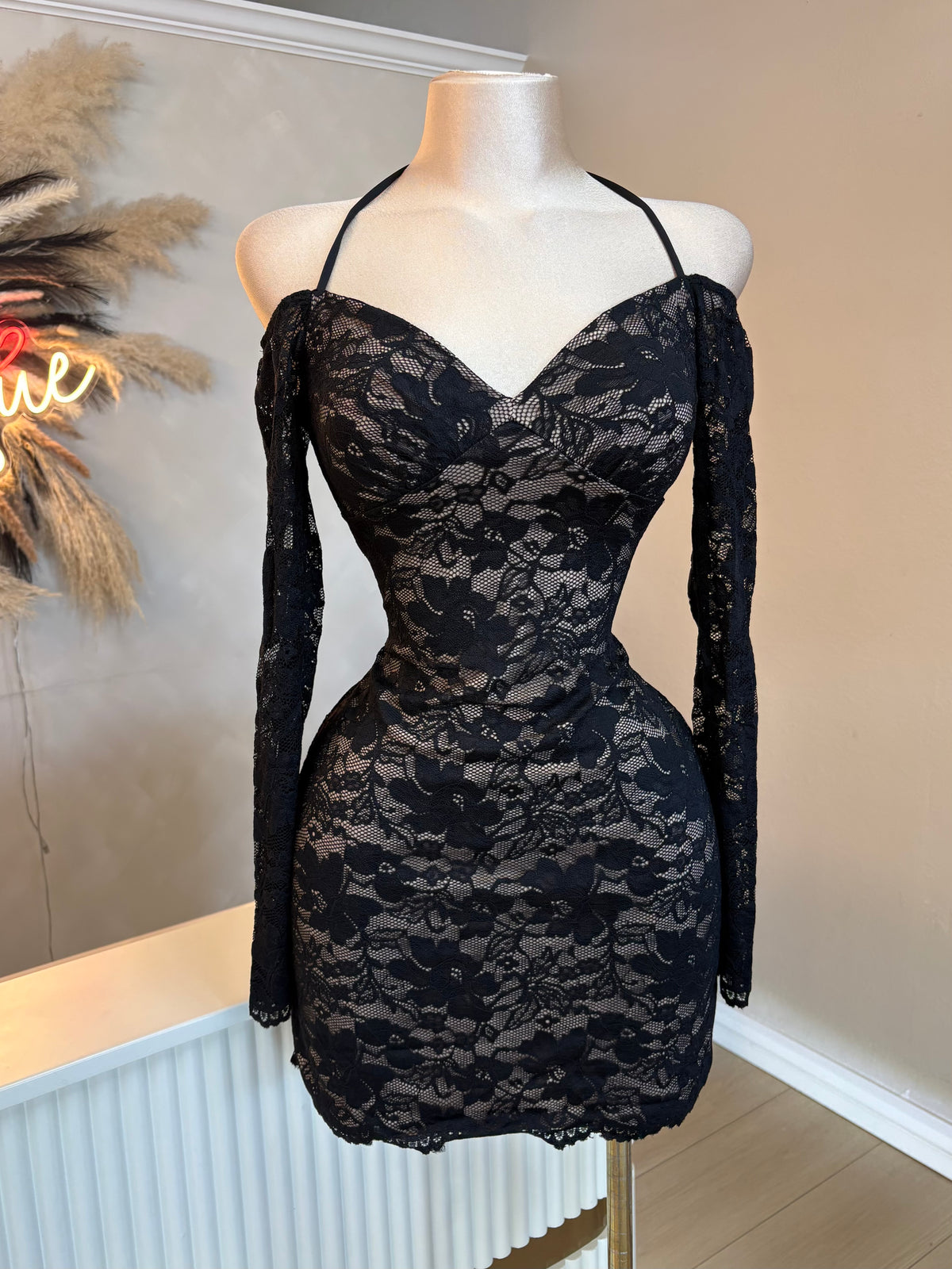 Off shoulder lace halter dress