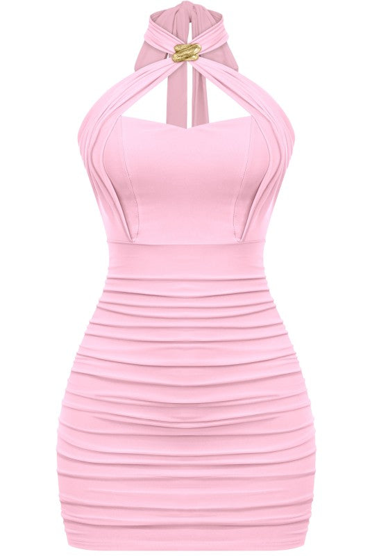 Pink halter gold detail dress