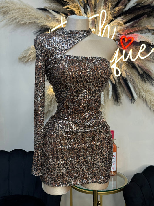 Sequin leopard cut out dress