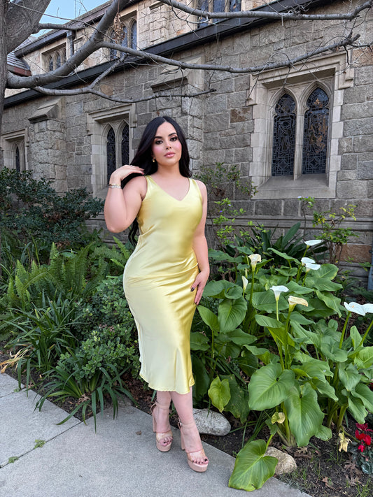 Satin V neck slip dress (yellow)