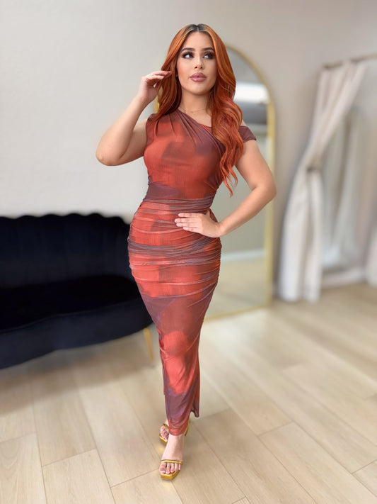 Rust off shoulder dress