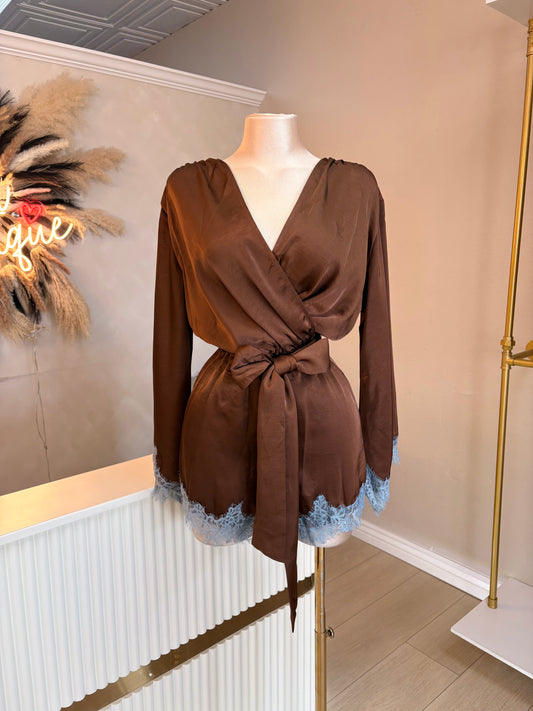 Brown satin blue lace romper