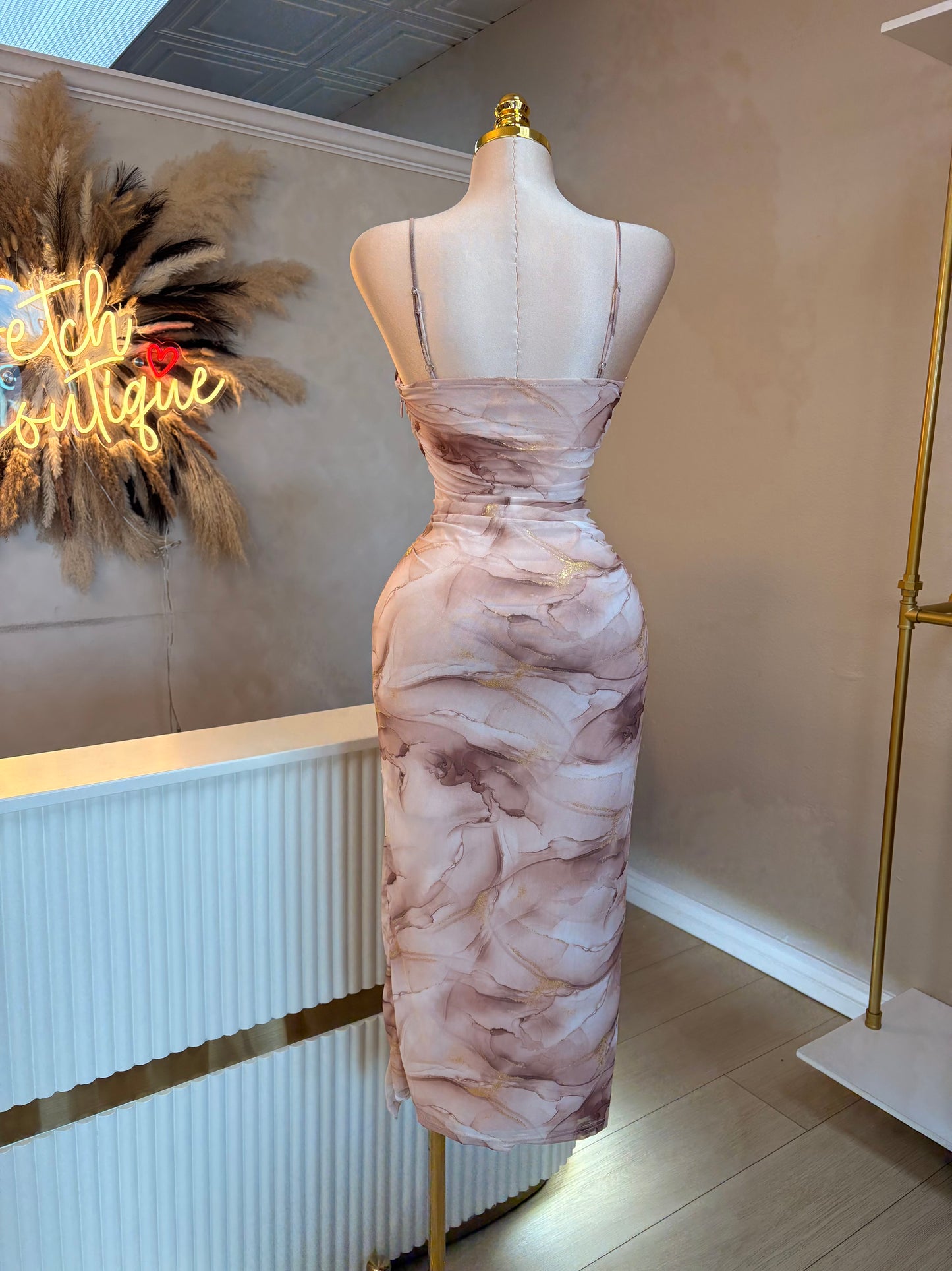 Marble mesh side slit midi dress