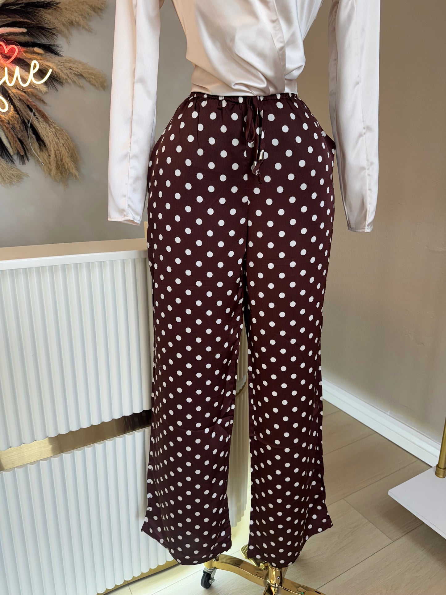Polka dot satin pants (brown)