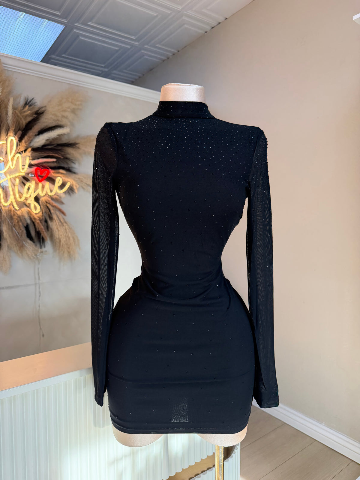 Elena mesh rhinestone mock neck dress (2 colors)